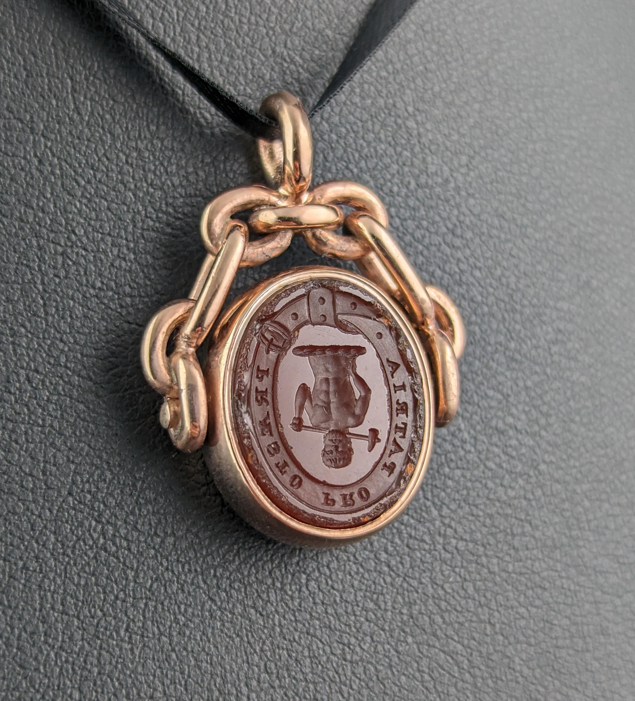 Antique intaglio swivel fob pendant, 10k gold, Bloodstone and Carnelian  4