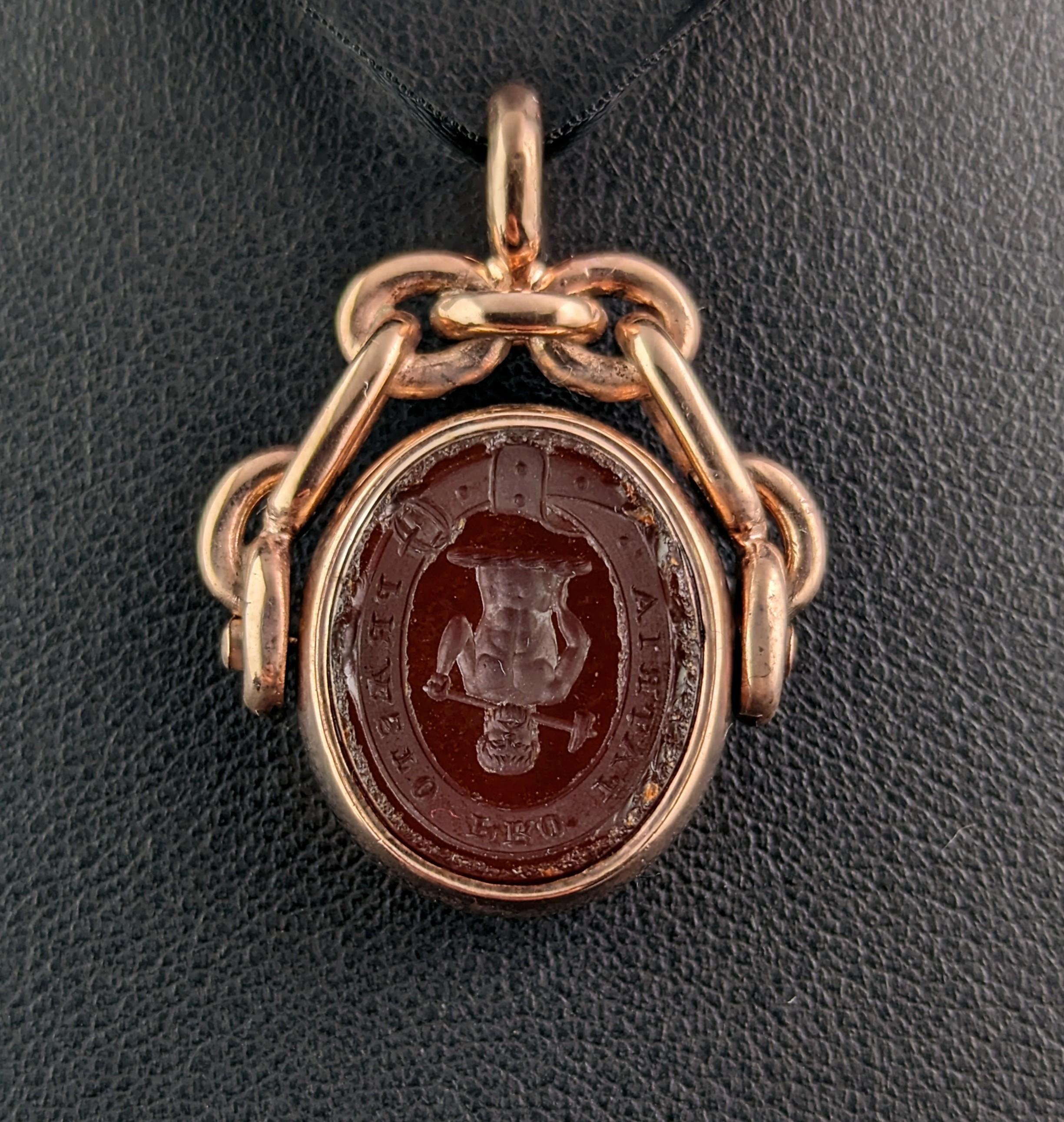 Antique intaglio swivel fob pendant, 10k gold, Bloodstone and Carnelian  5