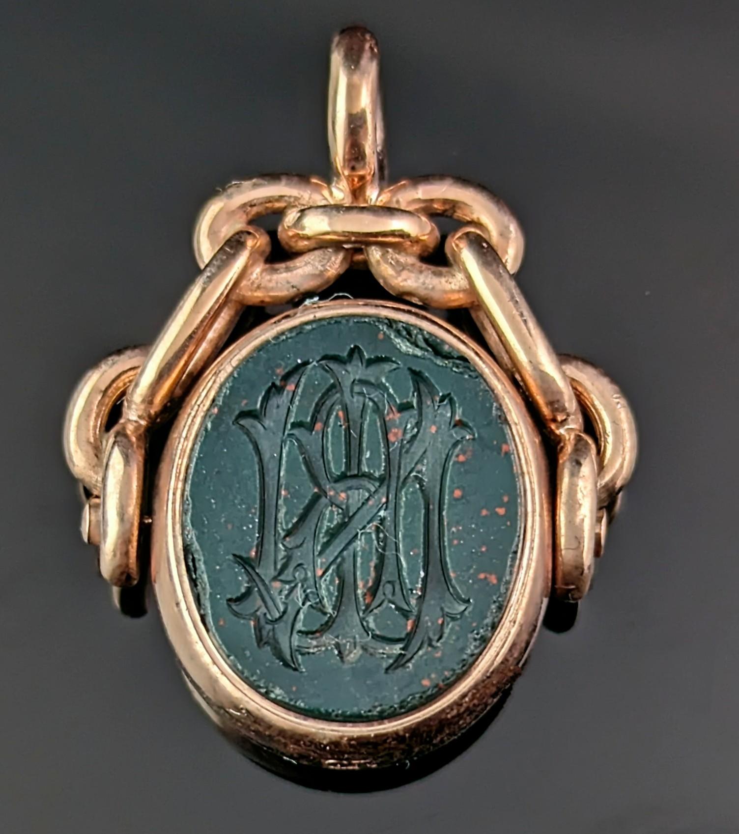 Victorian Antique intaglio swivel fob pendant, 10k gold, Bloodstone and Carnelian 
