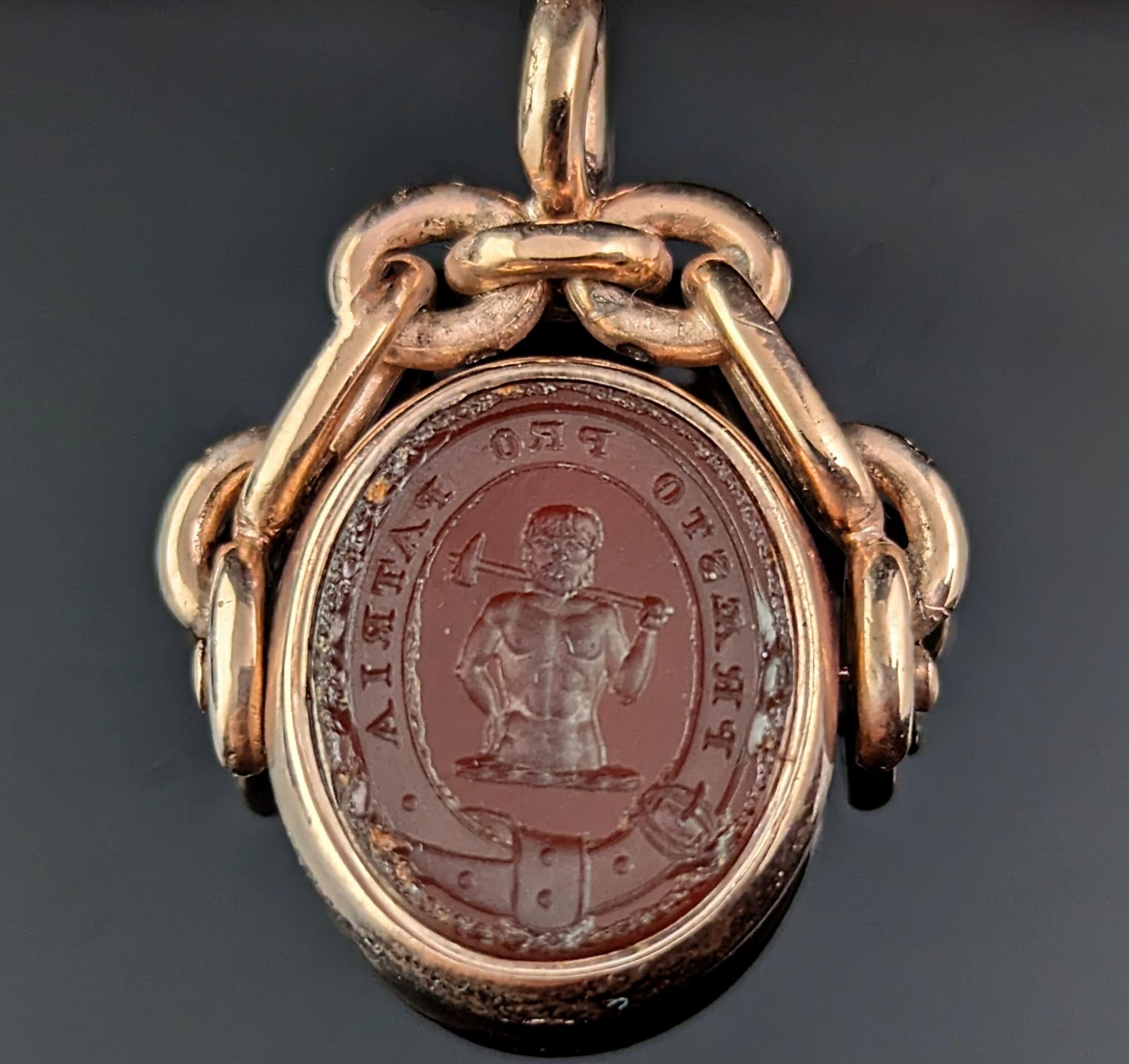 Oval Cut Antique intaglio swivel fob pendant, 10k gold, Bloodstone and Carnelian 