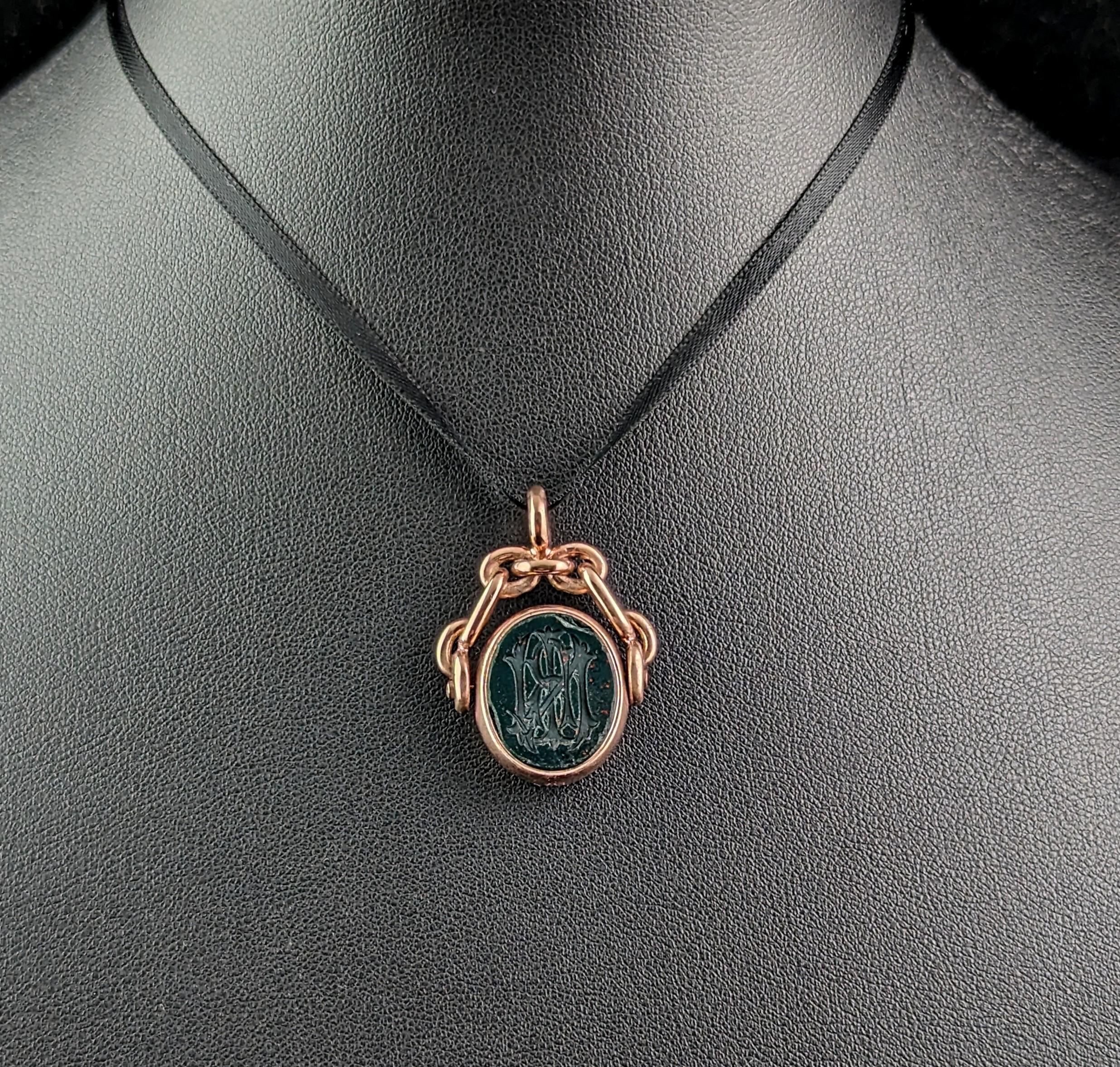 Women's or Men's Antique intaglio swivel fob pendant, 10k gold, Bloodstone and Carnelian 