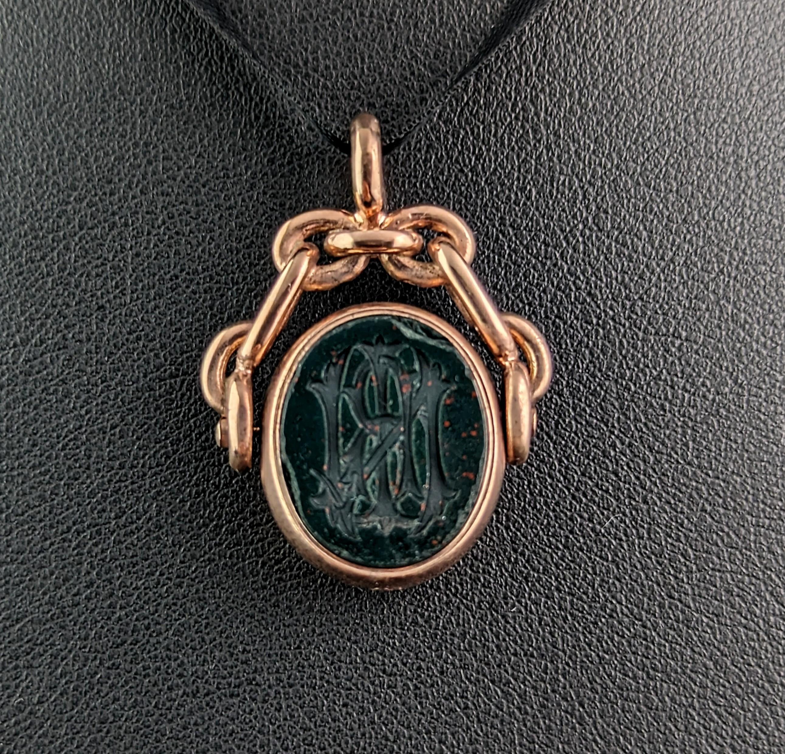 Antique intaglio swivel fob pendant, 10k gold, Bloodstone and Carnelian  1