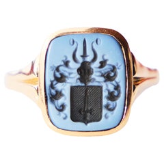 Antique Intaglio von Gyllensvärd Signet Ring Blue Sardonyx 18K Gold ØUS8.75/3.5g