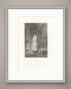 Antique Interior View of Batalha Monastery, Portugal, Engraving, circa 1850