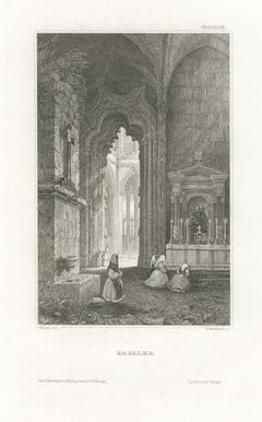 Antique Interior View of Batalha Monastery, Portugal, Engraving, circa 1850