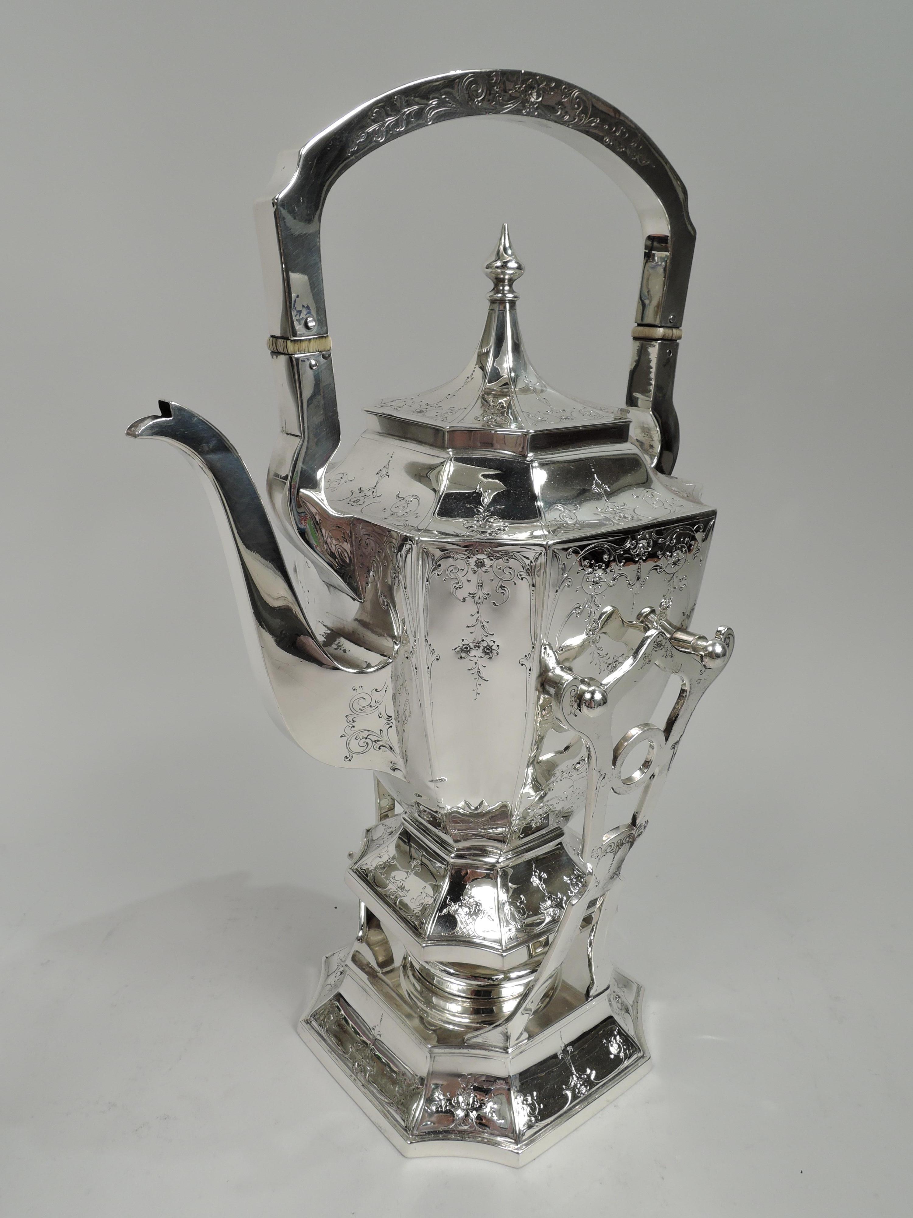 Cavell sterling silver coffee and tea set. Made by Barbour Silver Co. (part of International Silver Co.) in Connecticut, ca 1910. This set comprises kettle on stand, coffeepot, teapot, creamer, sugar, and waste bowl on tray.

All: Vertical and