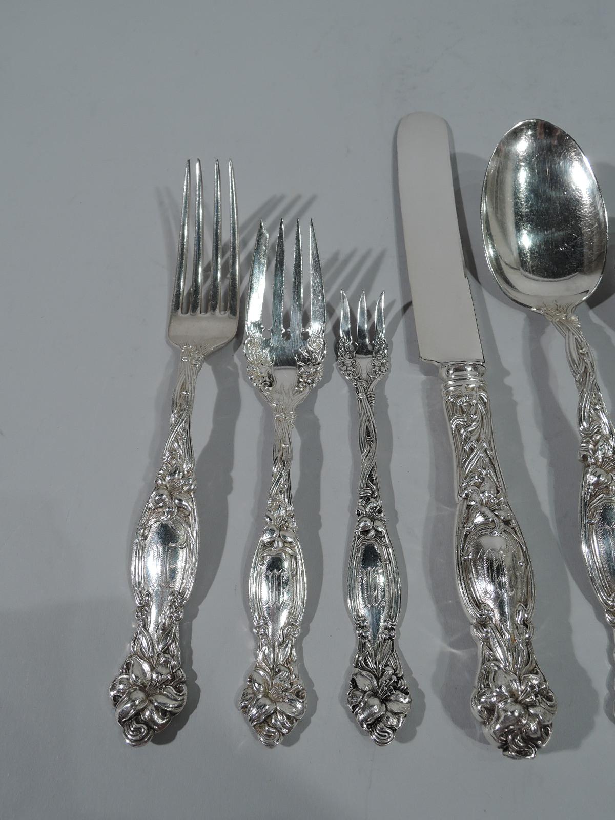 Antique sterling silver dinner service for 12 in Frontenac pattern. Made by International in Meriden, Conn.

This service comprises 110 pieces (all dimensions in inches): Forks: 12 dinner forks (7 1/2), 12 salad forks, (6 3/8), and 12 seafood