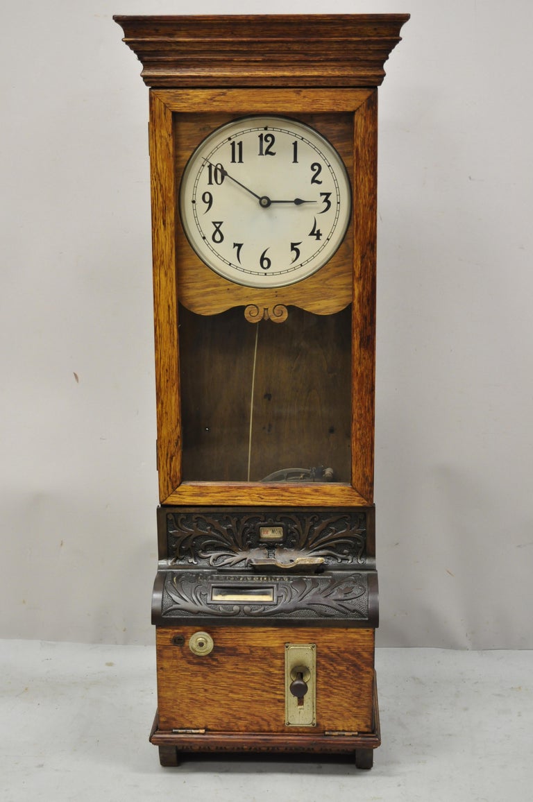 Antique International Time Recording Co. Golden Oak Wood Wall Mount Time Clock at 1stDibs