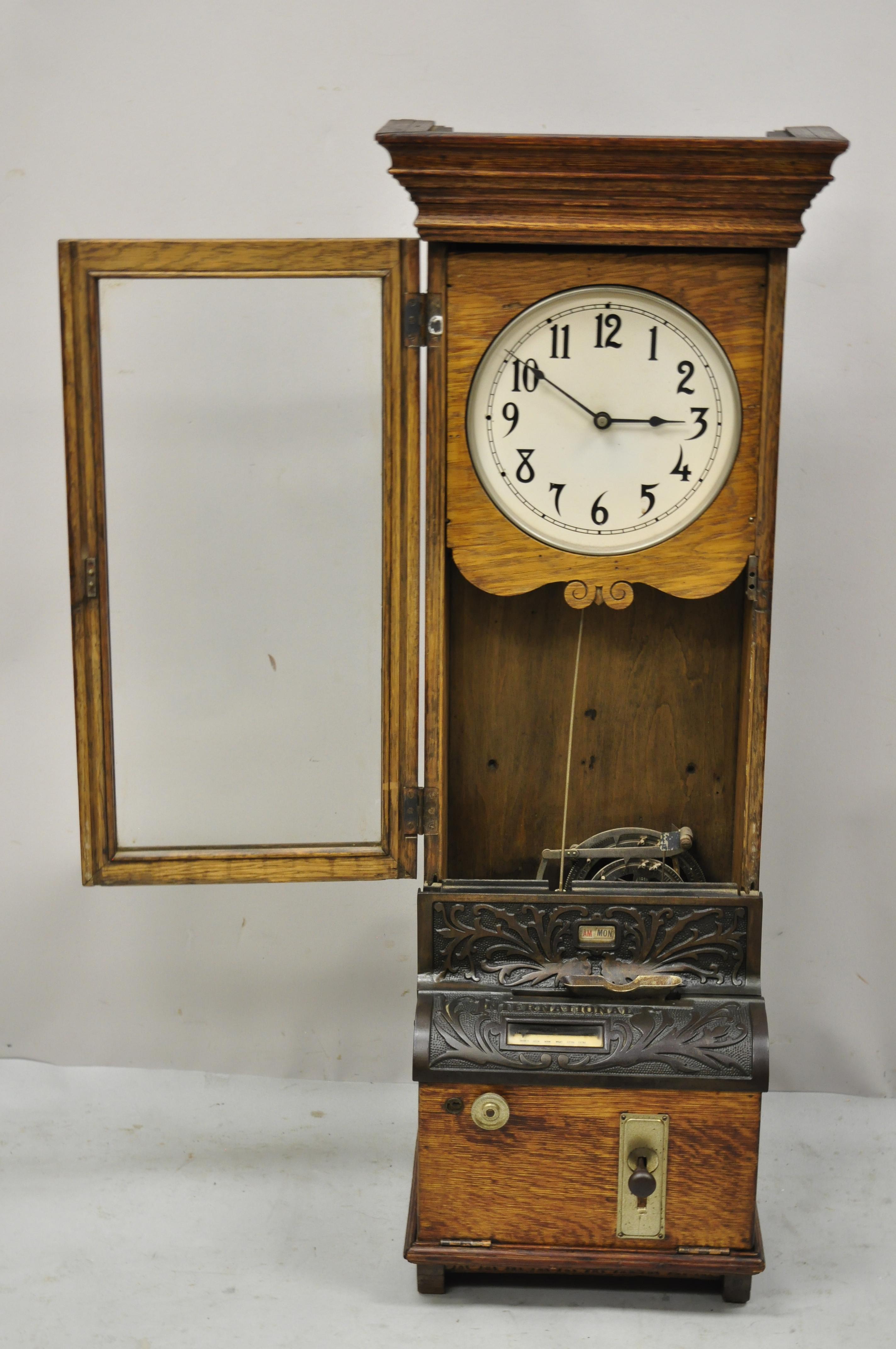 North American Antique International Time Recording Co. Golden Oak Wood Wall Mount Time Clock
