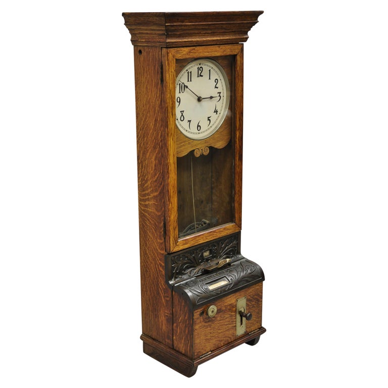 Antique International Time Recording Co. Golden Oak Wood Wall Mount Time Clock at 1stDibs