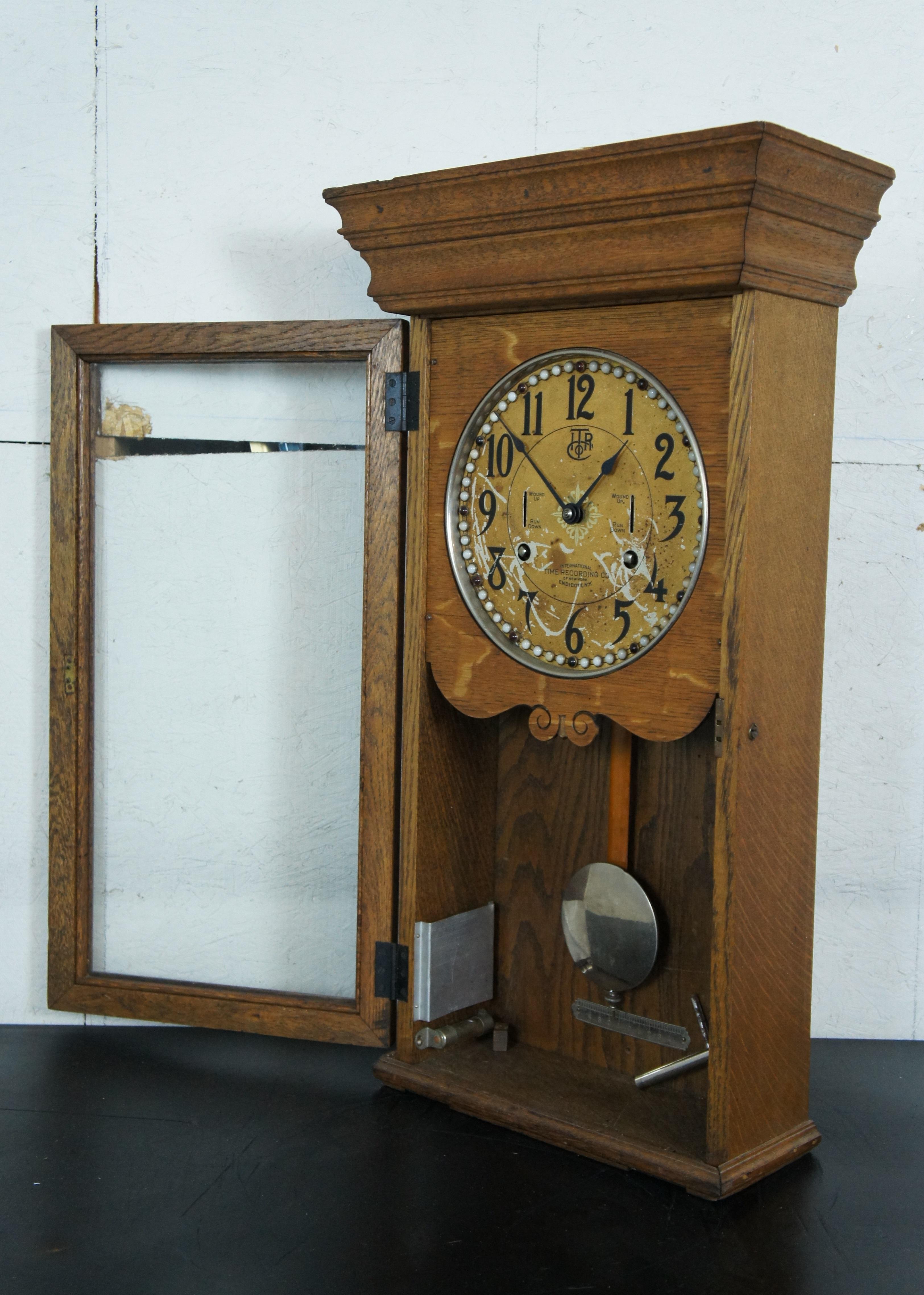 Antique International Time Recording Co Jeweled Oak Case Wall Clock 3