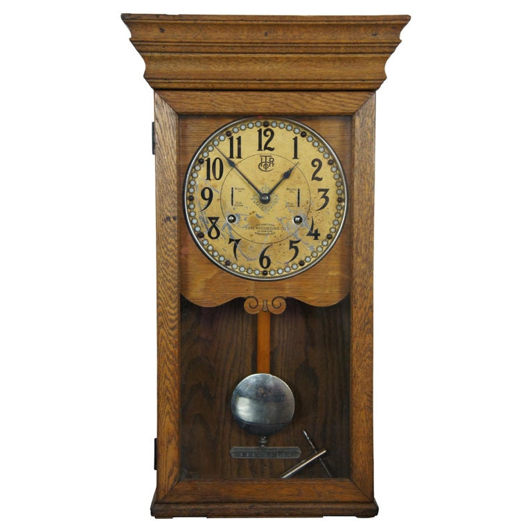 Antique International Time Recording Co Jeweled Oak Case Wall Clock For