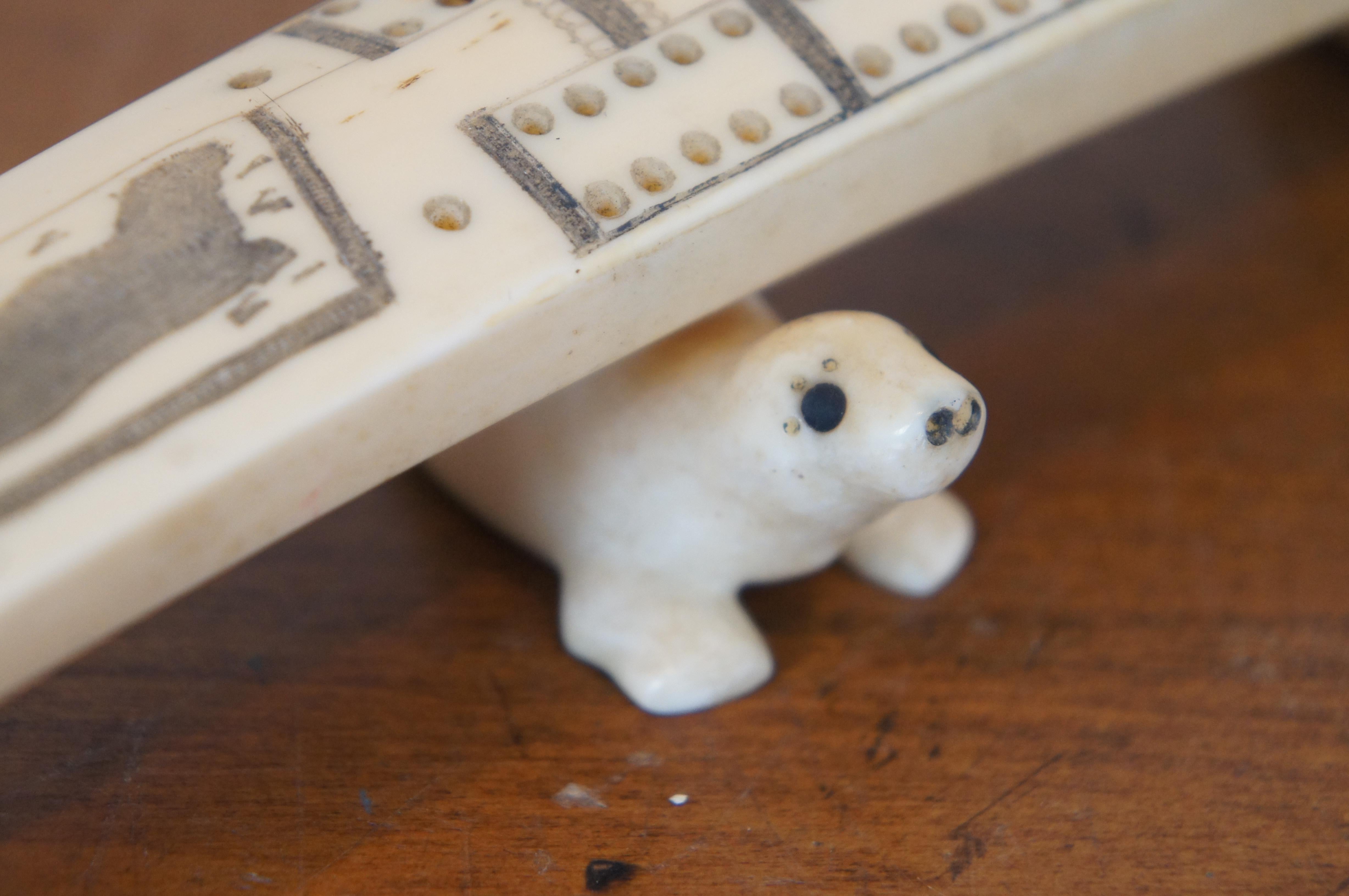 20th Century Antique Inuit Carved Bone Folk Art Scrimshaw Cribbage Game Board For Sale