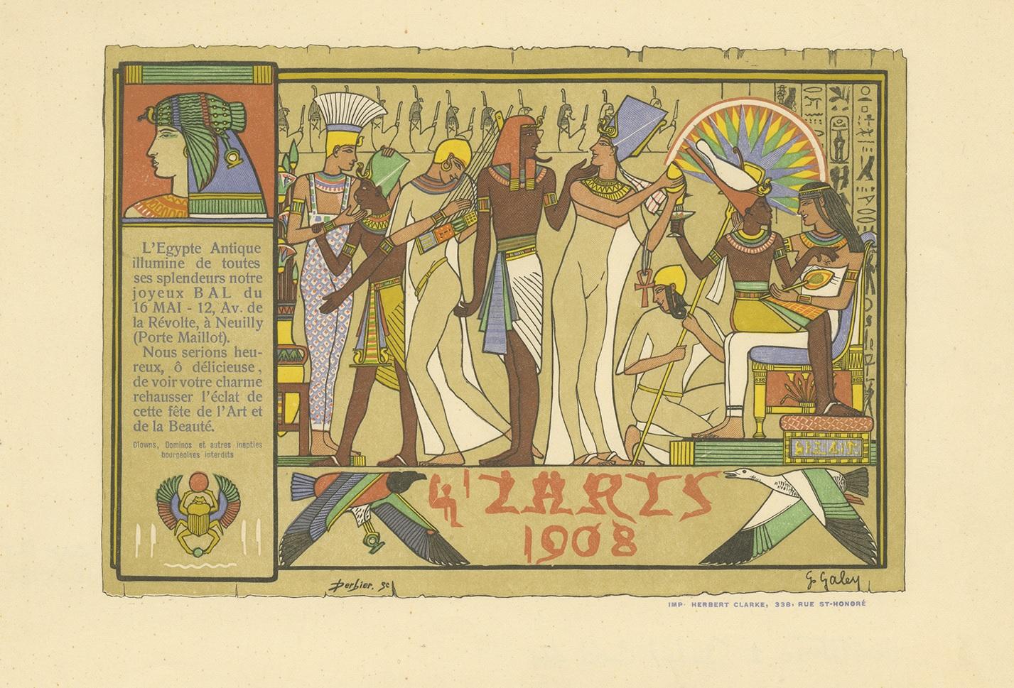 Antique print titled 'L'Egypte Antique illumine de toutes ses splendeurs notre joyeux Bal (..)'. Invitation card for an Egyptian themed party. Published by Herbert Clarke, 1908.