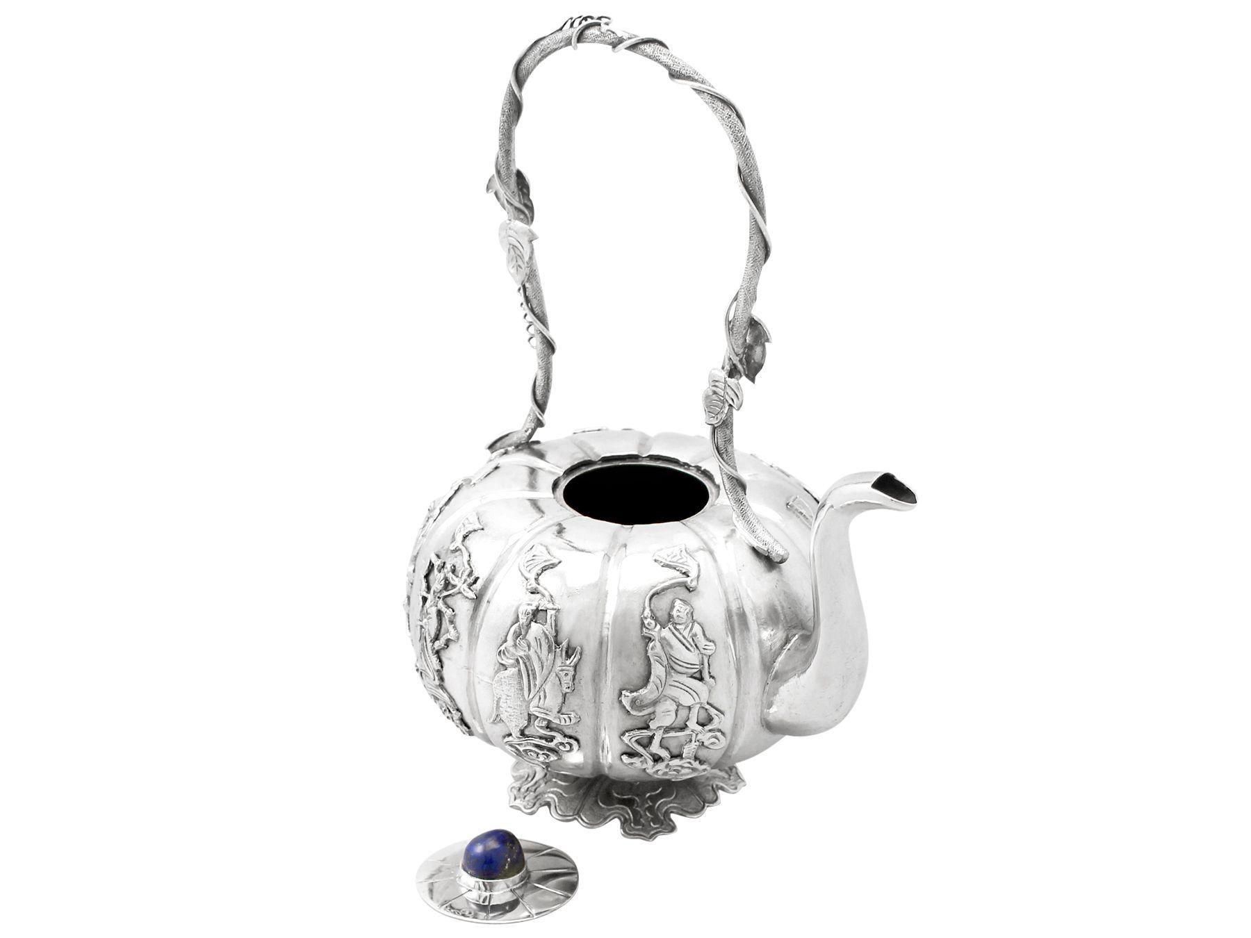 Early 20th Century Antique Iraqi Silver and Lapis Lazuli Miniature Teapot, circa 1920 For Sale