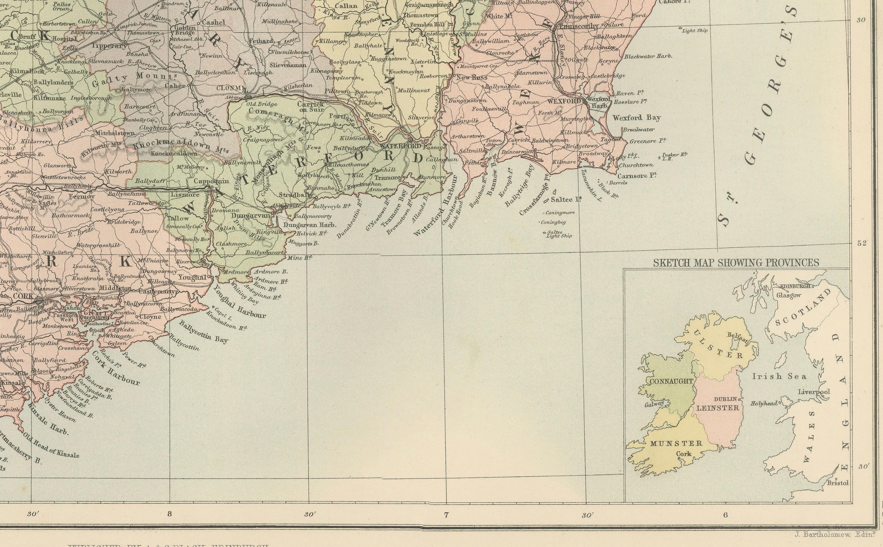 Mapa antiguo de Irlanda con divisiones por condados - Gráfico mural decorativo, 1884 Escocés en venta