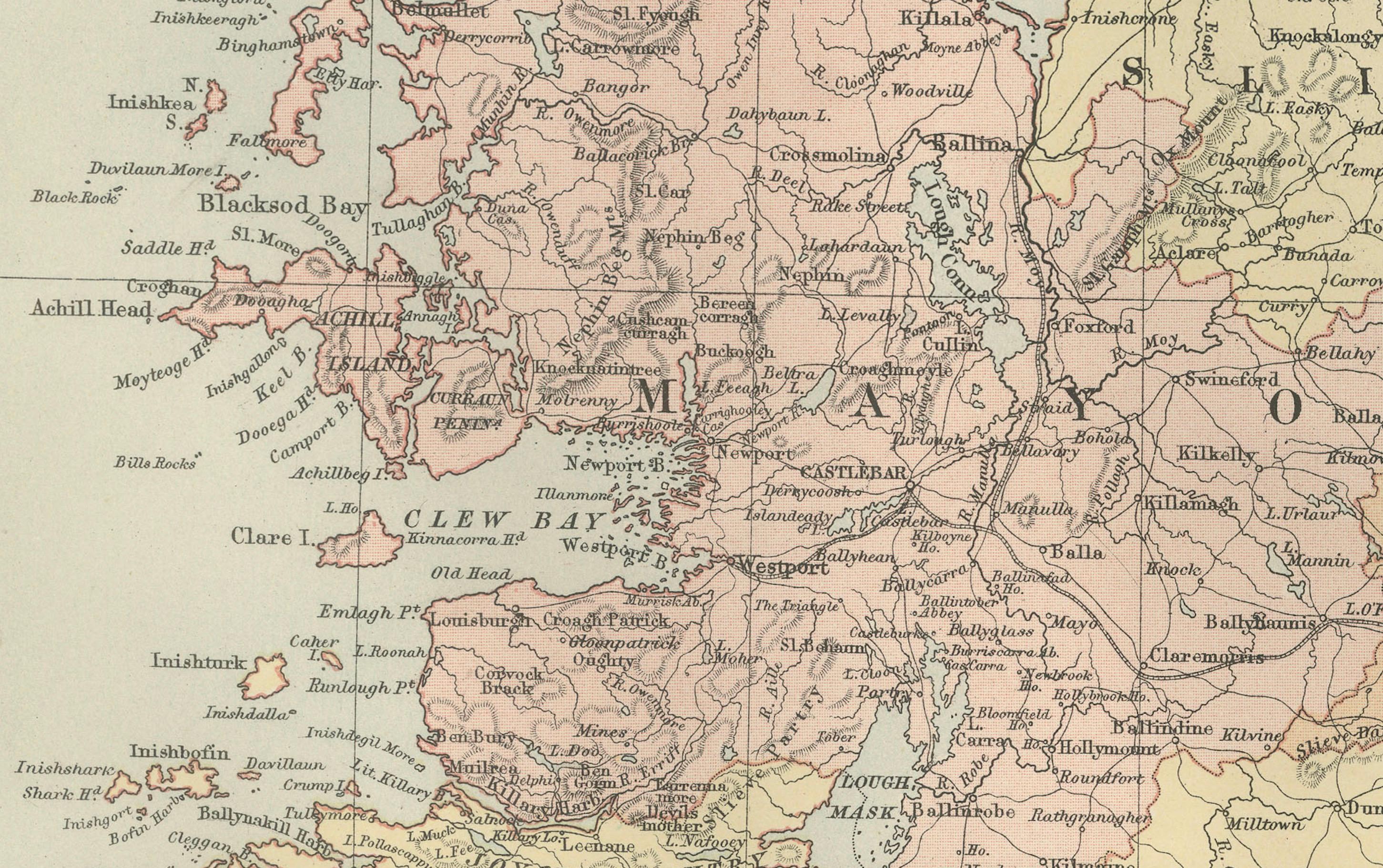 Mapa antiguo de Irlanda con divisiones por condados - Gráfico mural decorativo, 1884 en venta 1