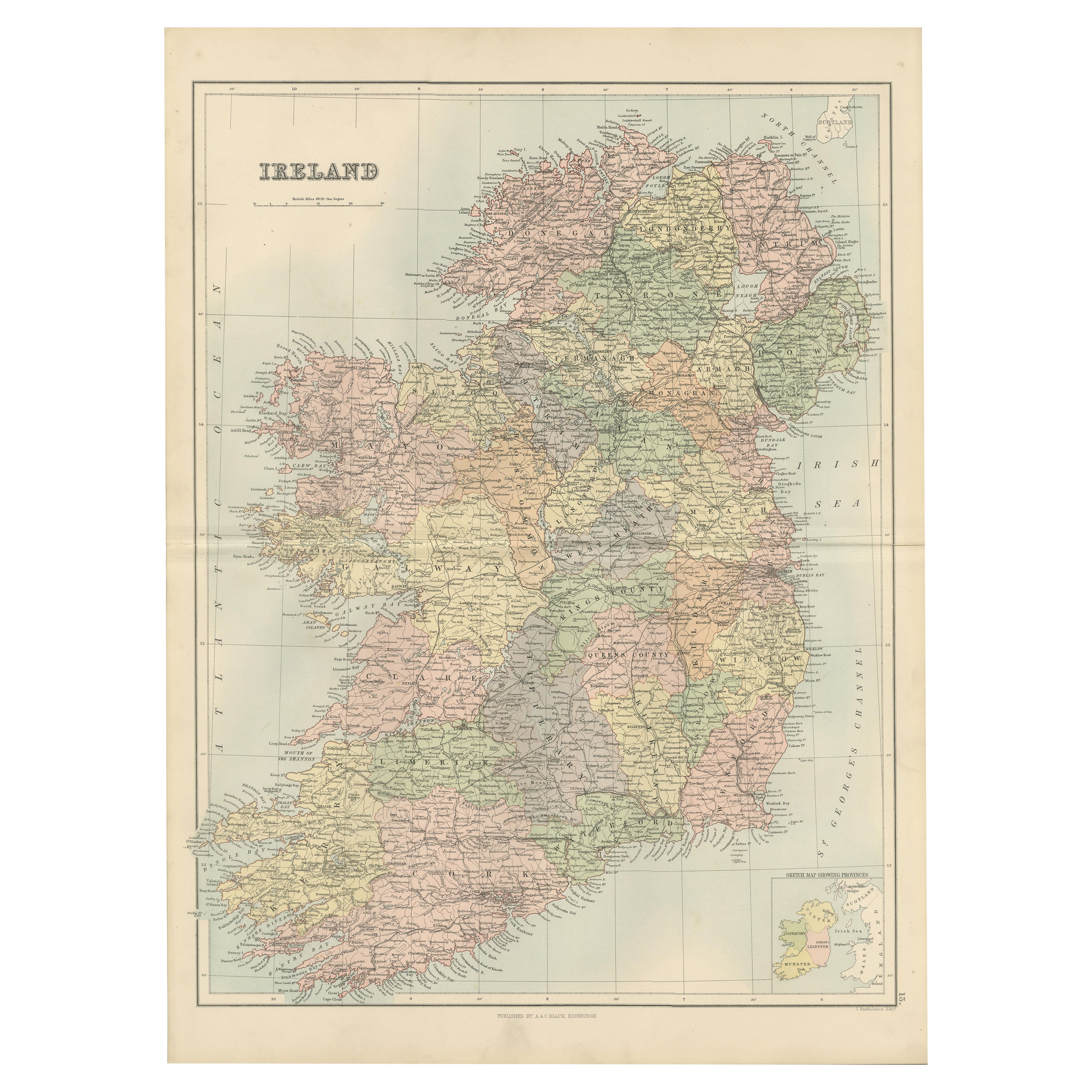 Mapa antiguo de Irlanda con divisiones por condados - Gráfico mural decorativo, 1884
