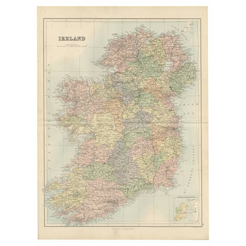 Antique Ireland Map with County Divisions – Decorative Wall Chart, 1884