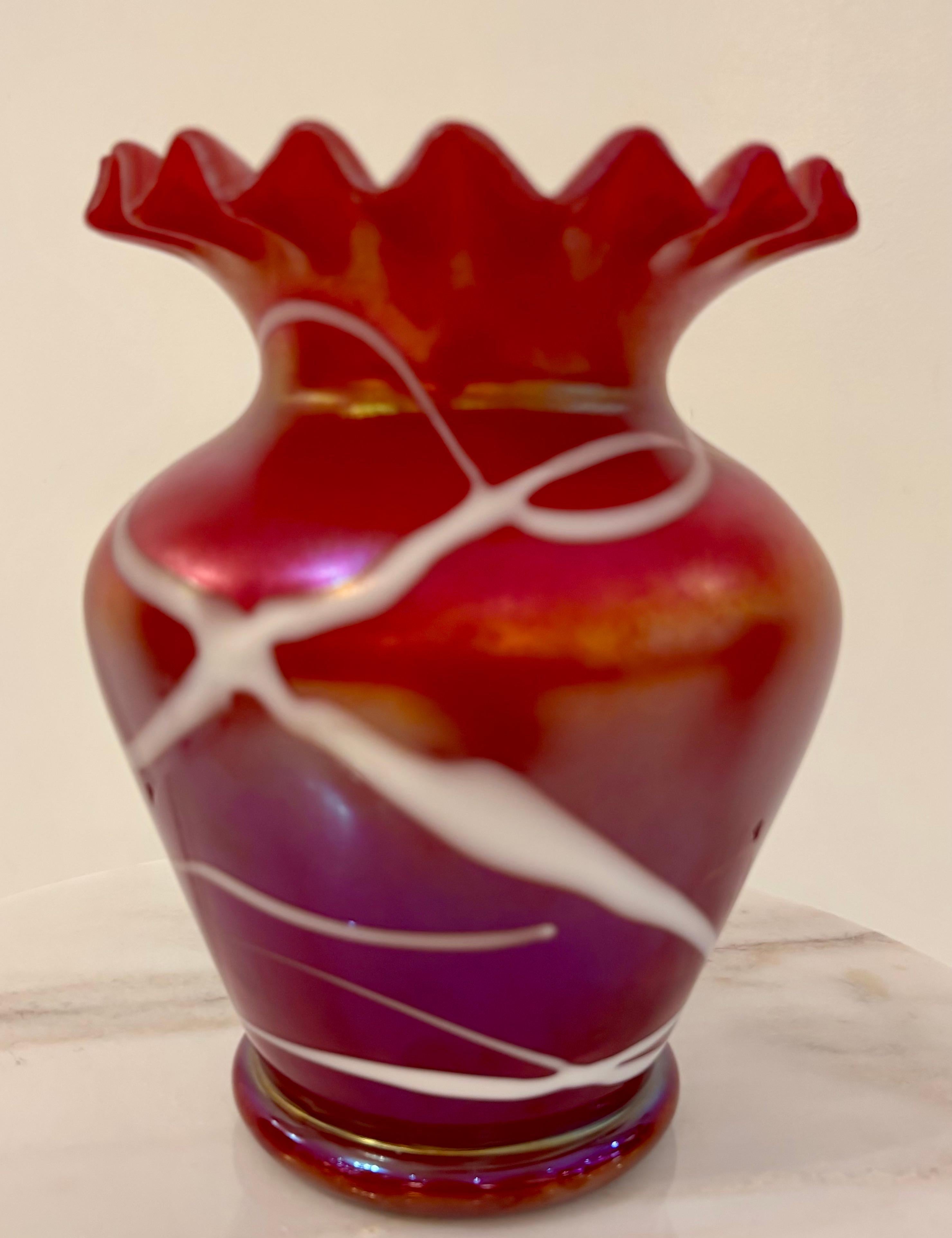 Czech Antique Iridescent Art Glass Vase by Kralik with Pulled Ribbon Design, Bohemian For Sale