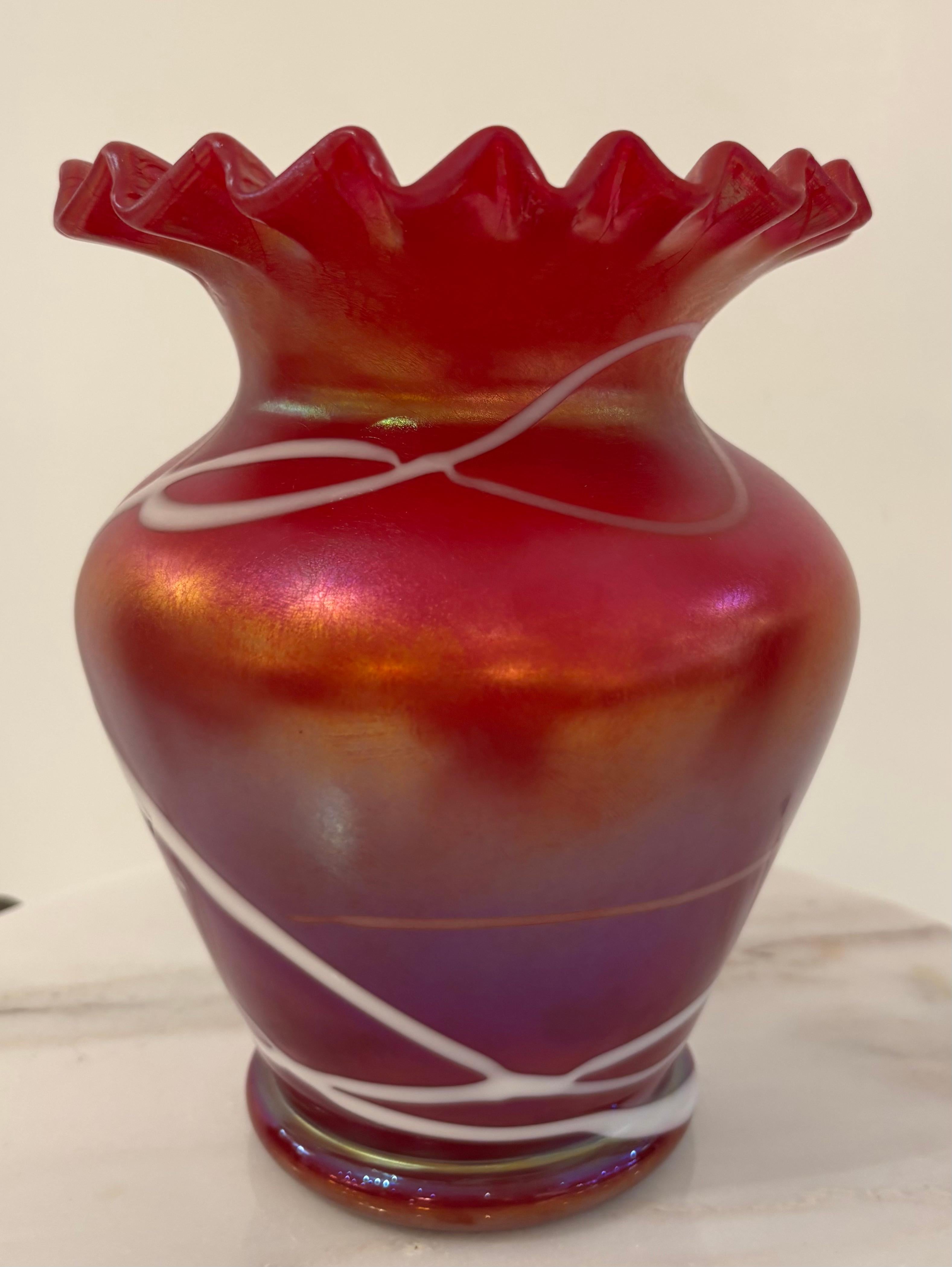 Blown Glass Antique Iridescent Art Glass Vase by Kralik with Pulled Ribbon Design, Bohemian For Sale