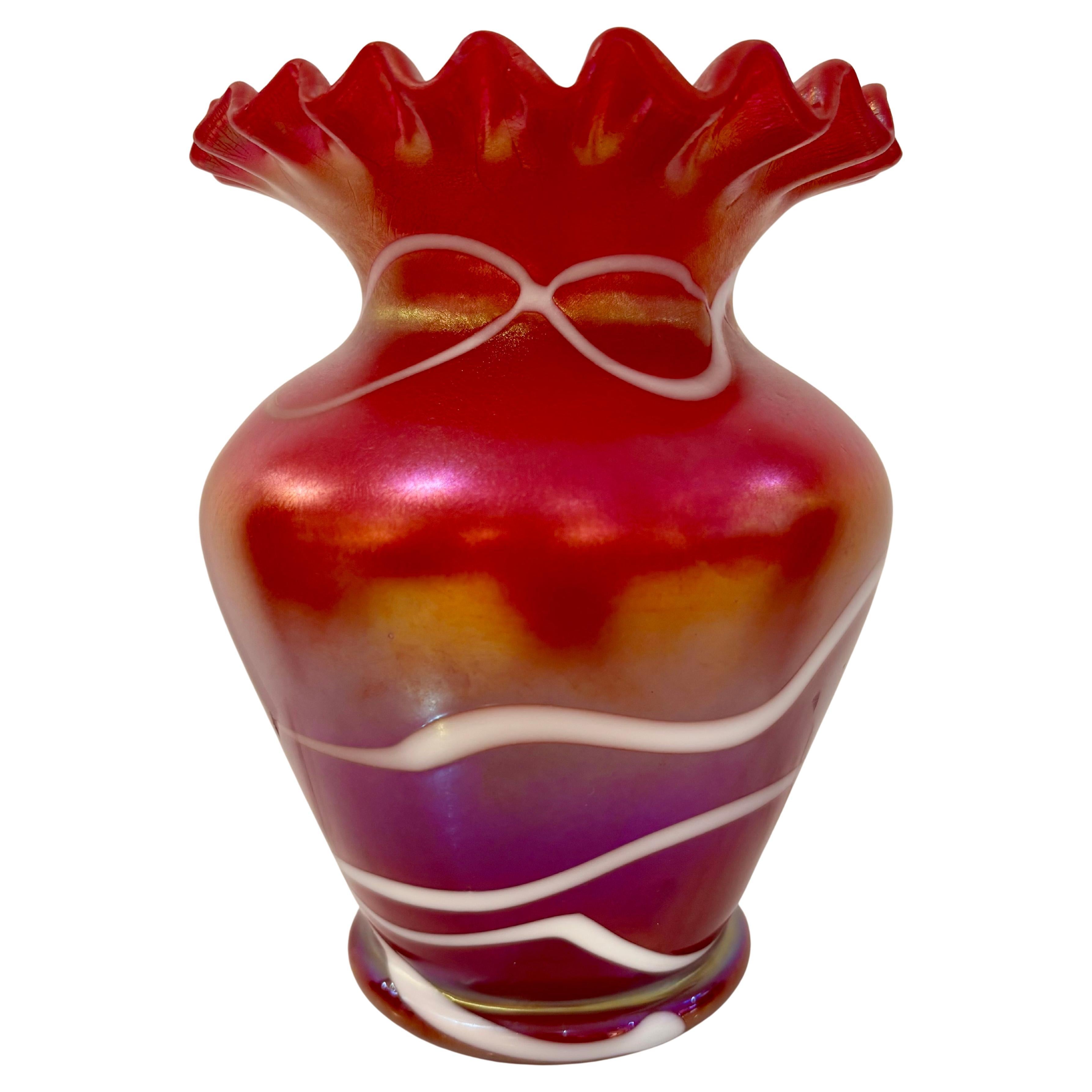 Antique Iridescent Art Glass Vase by Kralik with Pulled Ribbon Design, Bohemian For Sale