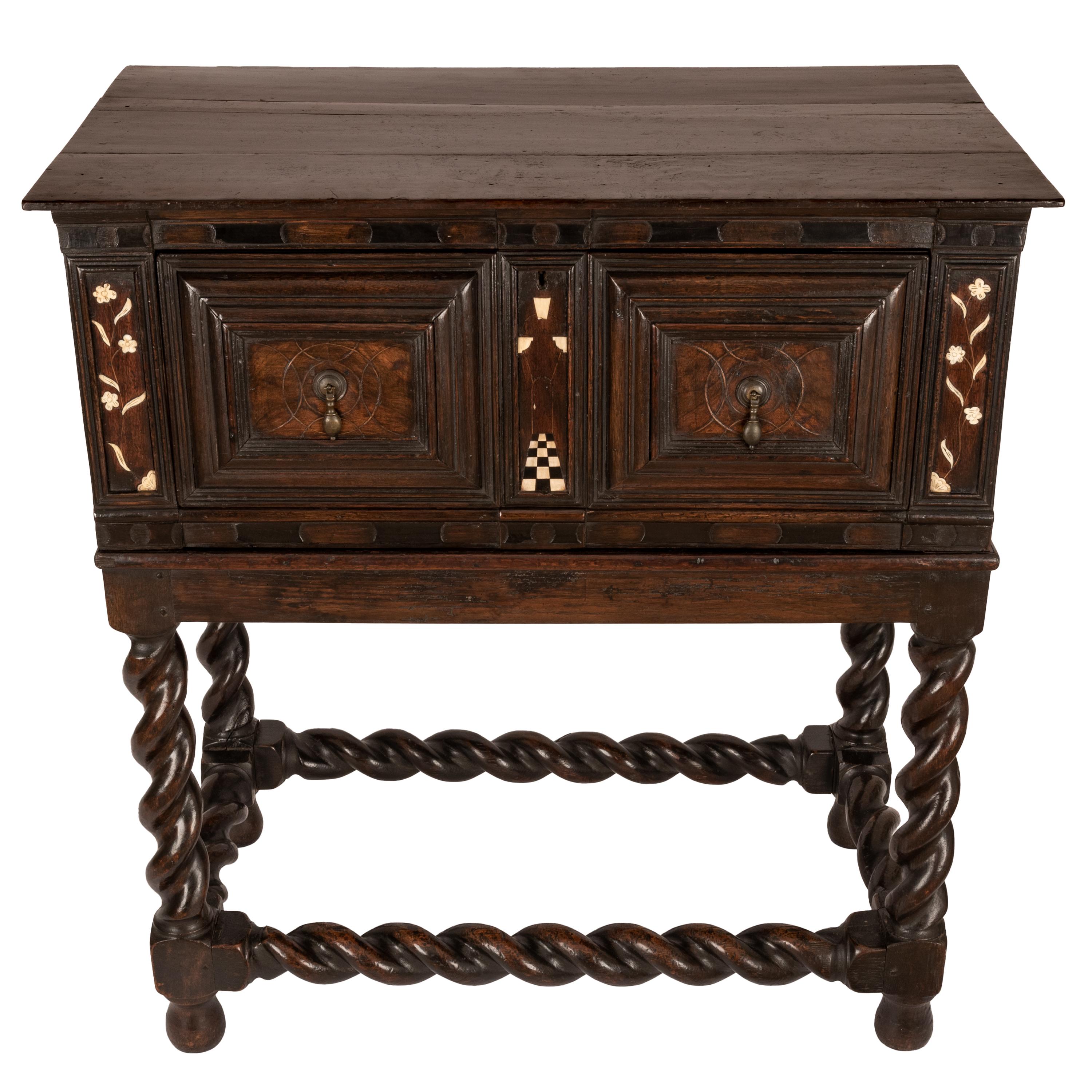 Carved Antique Irish 17th Century William & Mary Marquetry Bone Ebony Oak Chest Stand For Sale