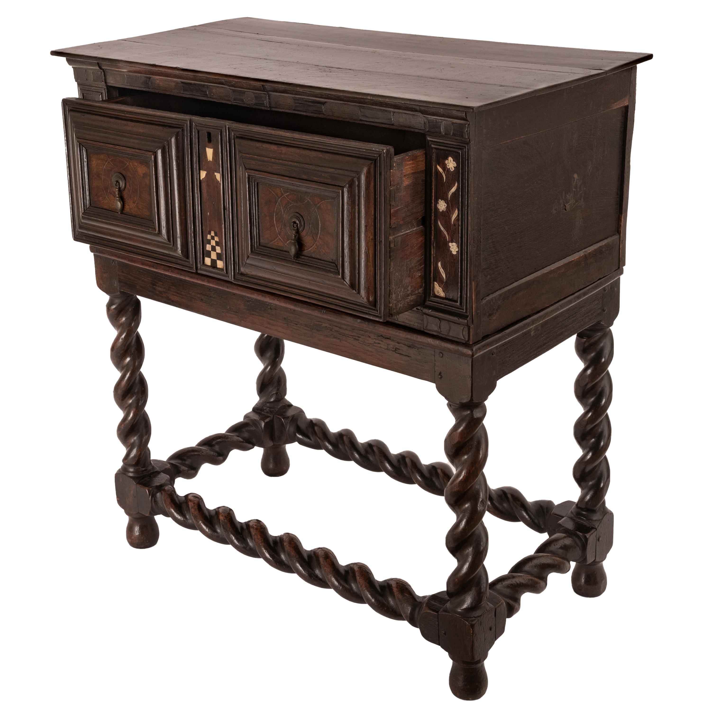 Holly Antique Irish 17th Century William & Mary Marquetry Bone Ebony Oak Chest Stand For Sale