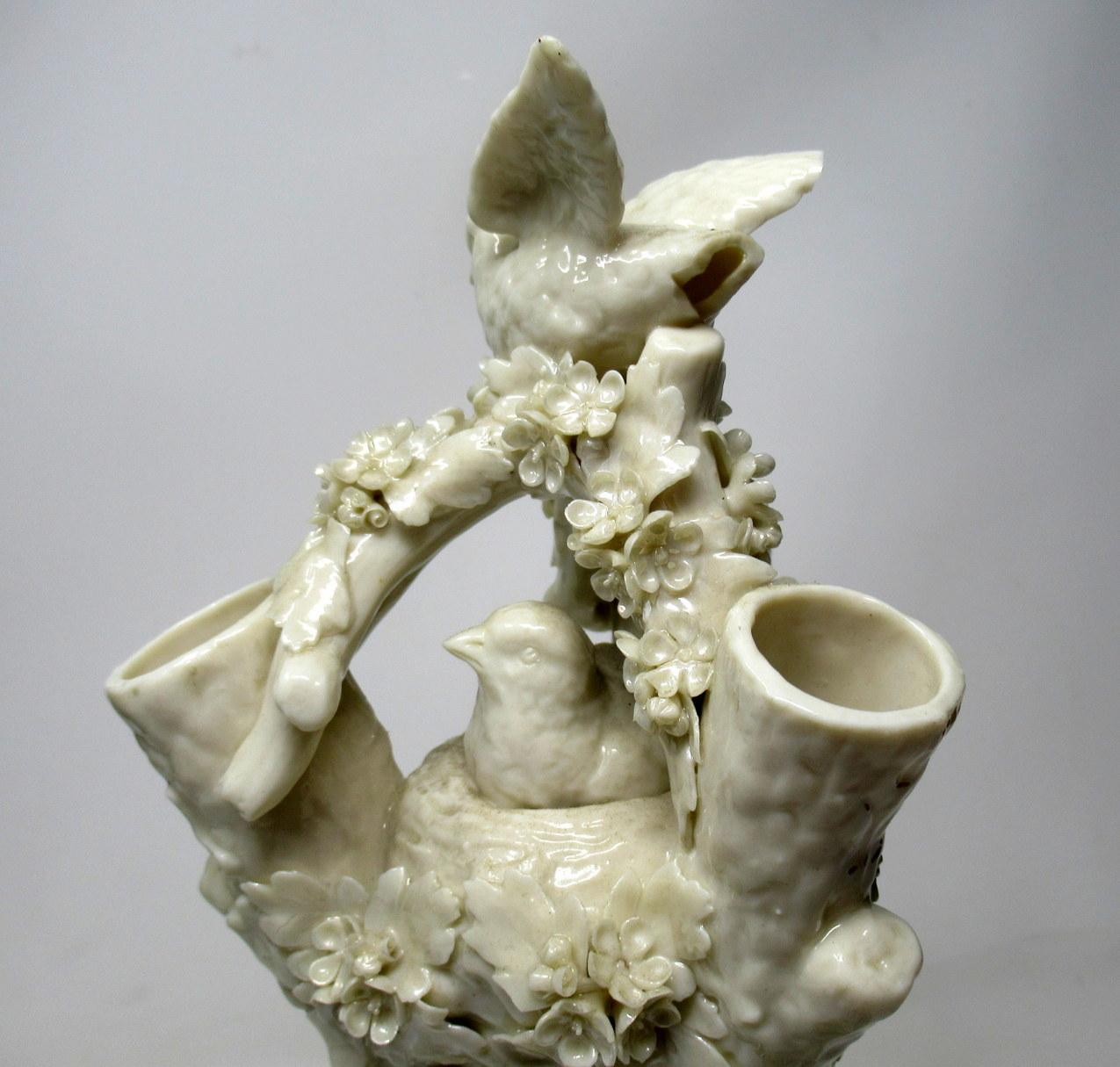 Porcelain Antique Irish Belleek Bird Nest Tree Stump Vase Centerpiece Black Mark Ireland