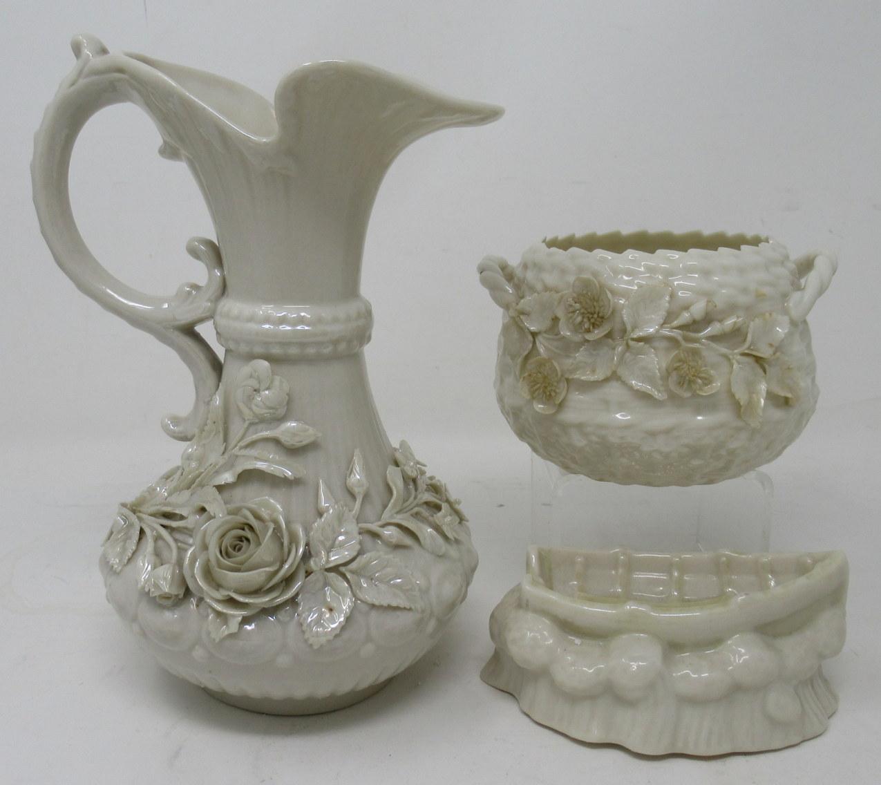 Stunning assembled Collection of three wonderful early Irish Black Mark Belleek Items to include a quite rare seldom seen rope handled small bowl. 

All pieces are Second Period Black Mark for 1863-1891 

Medium size Aberdeen Ewer or Pitcher of
