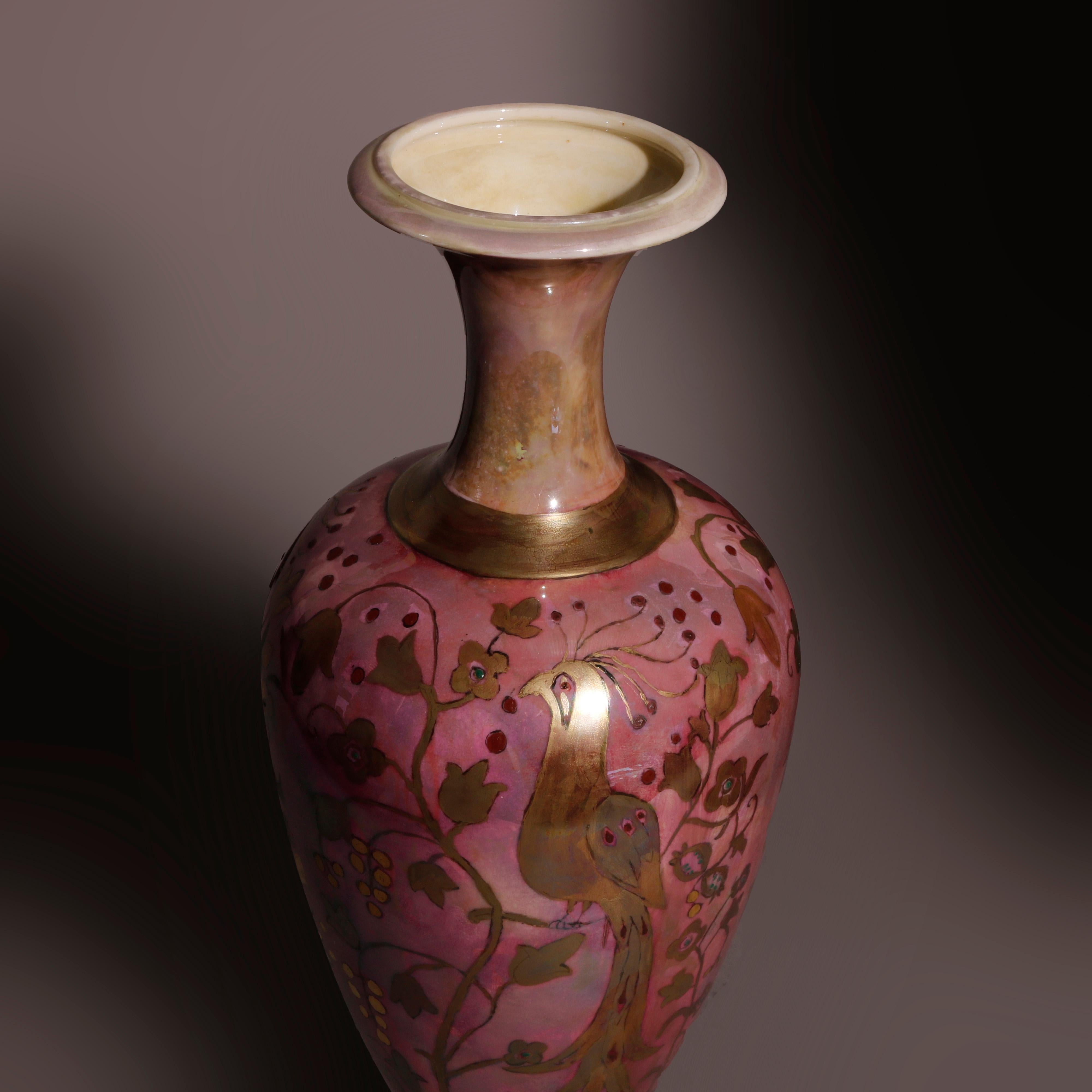 20th Century Antique Irish Belleek Porcelain Egg Shell Finish Hand Gilt Peacock Vase c1920