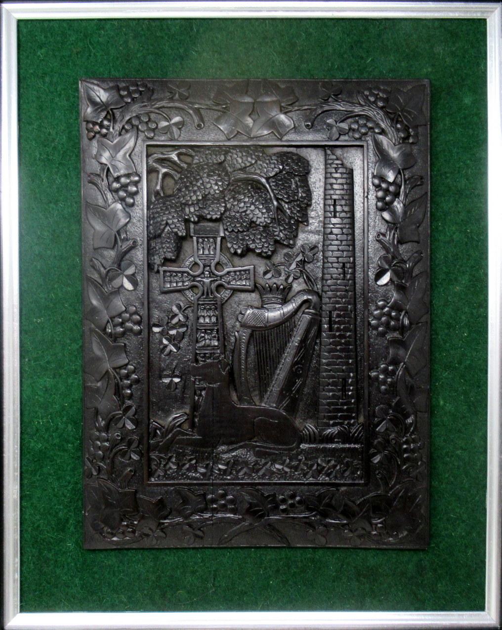 Victorian Antique Irish Bog Wood Oak Plaque Harp Shamrock Cornelius Goggin Dublin Ireland