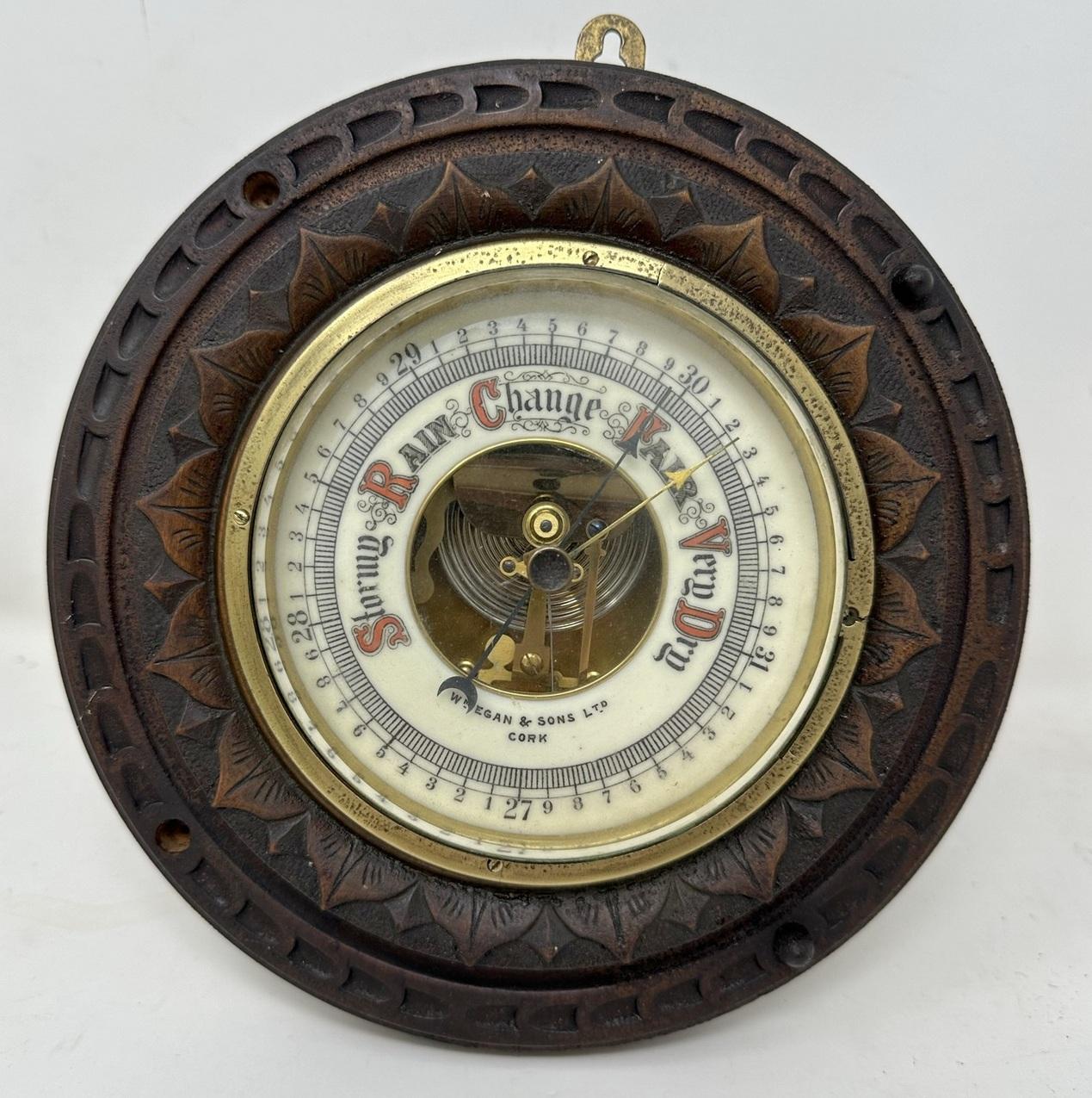 Victorian Antique Irish Carved Oak Aneroid Barometer Retailed by William Egan Cork Ireland