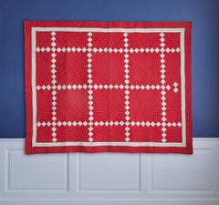 Antique Irish "Chain Nine Patch" Handmade Quilt in Red and White, USA, 1890s