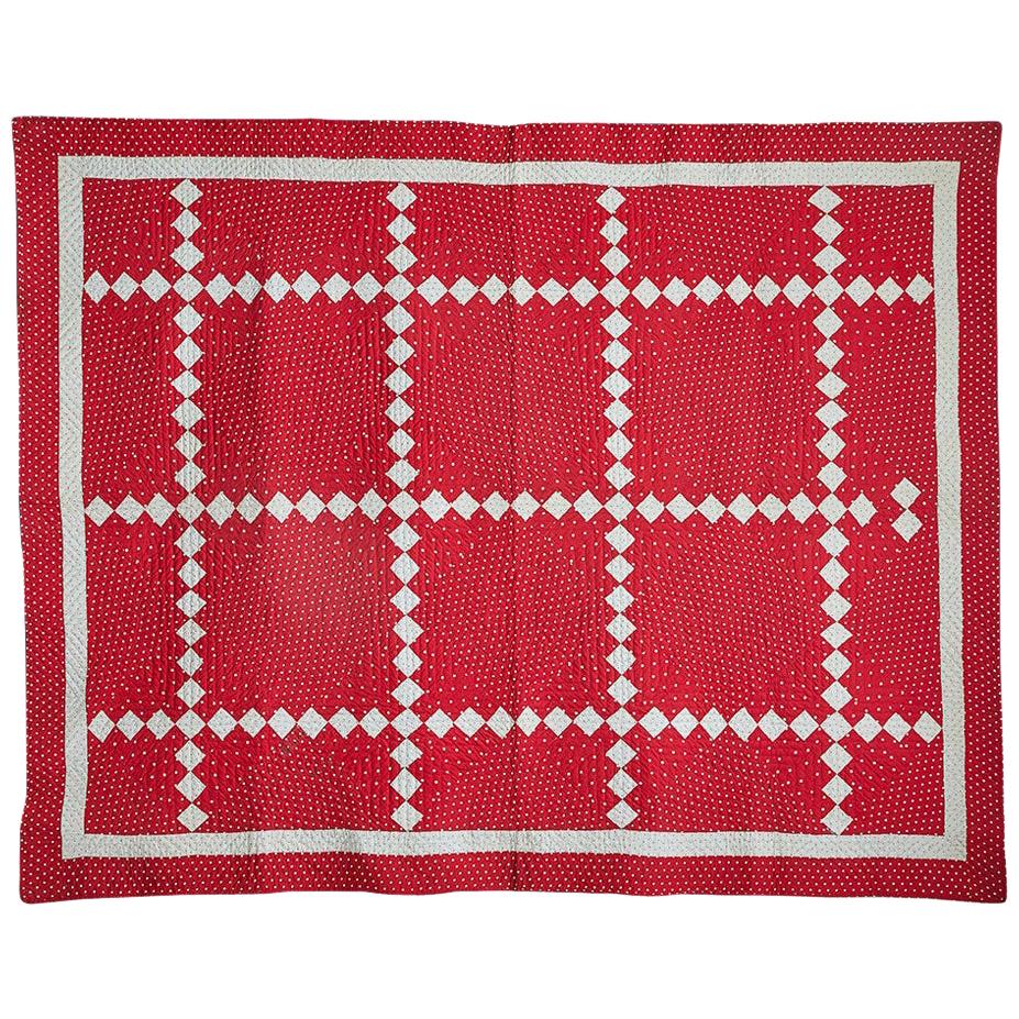 Antique Irish "Chain Nine Patch" Handmade Quilt in Red and White, USA, 1890s