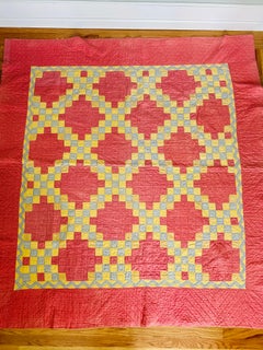 Antique Irish Chain Quilt, Unusual Zigzag Border, Pink, Blue & Butter Yellow