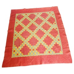 Antique Irish Chain Quilt, Unusual Zigzag Border, Pink, Blue & Butter Yellow