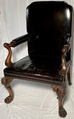 Antique Irish Chippendale Carved Armchair with Leather Upholstery, Circa 1840