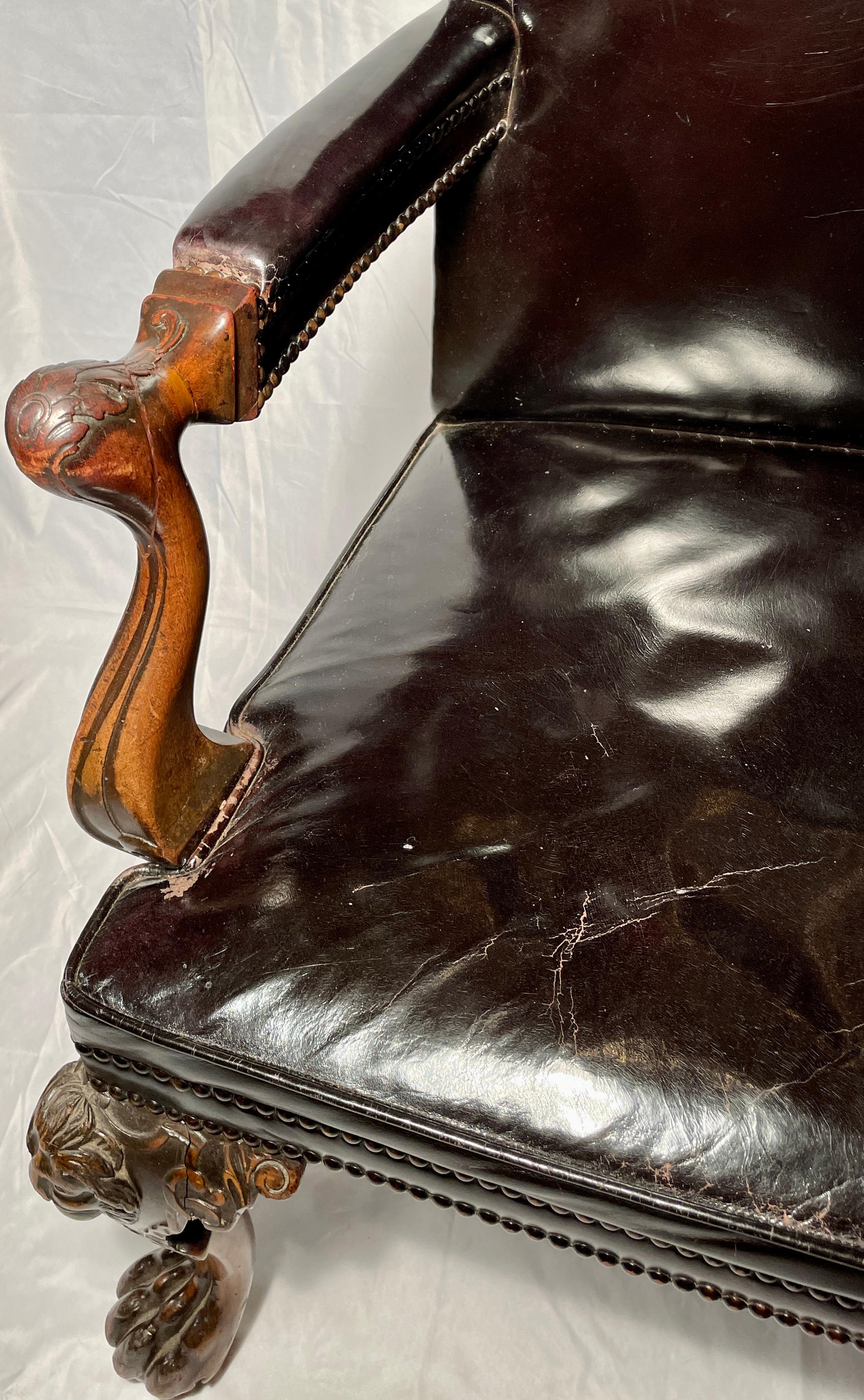 19th Century Antique Irish Chippendale Carved Armchair with Leather Upholstery, Circa 1840 For Sale