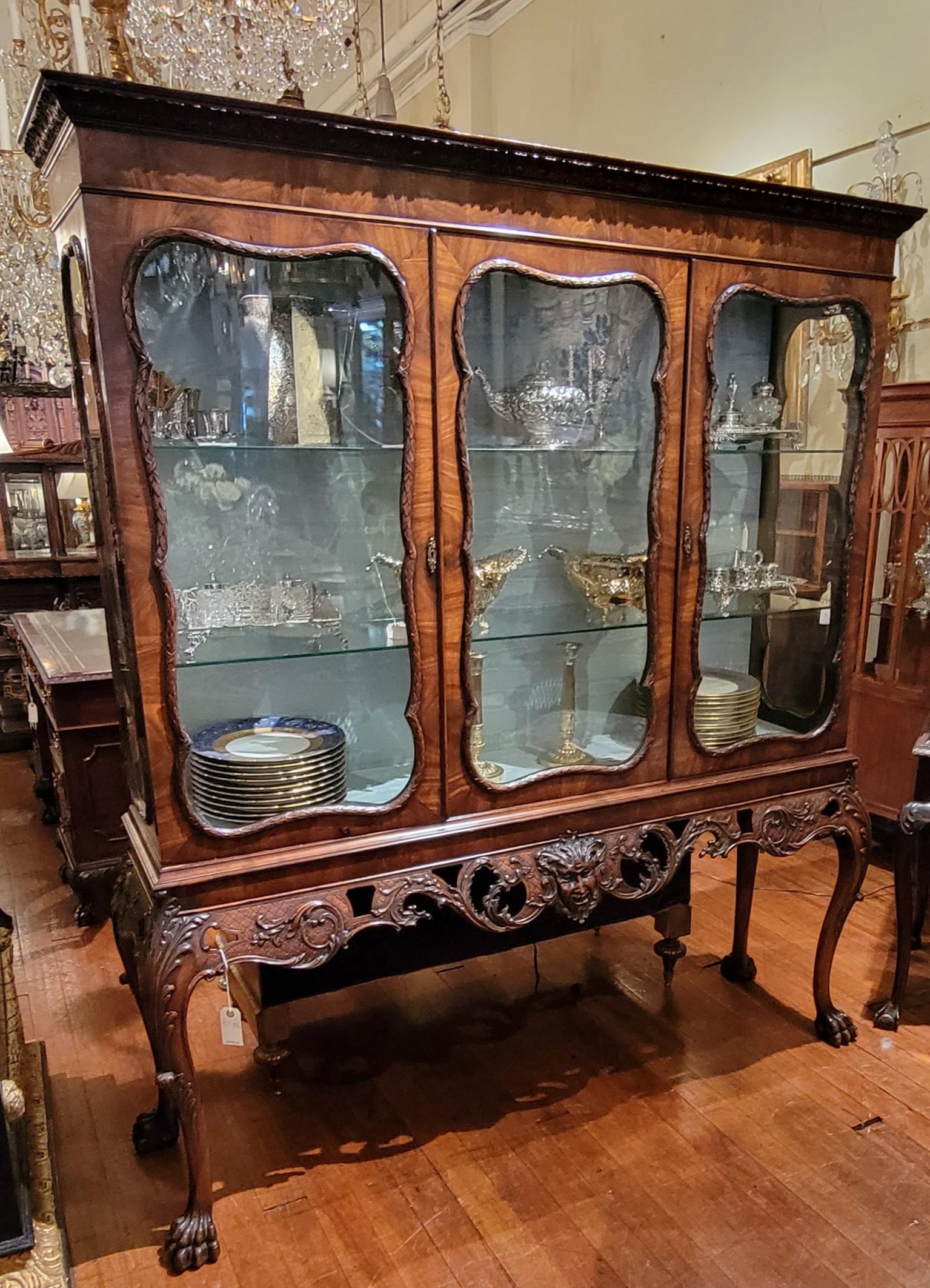 19th Century Antique Irish Chippendale Carved Walnut Display Cabinet, circa 1880 For Sale