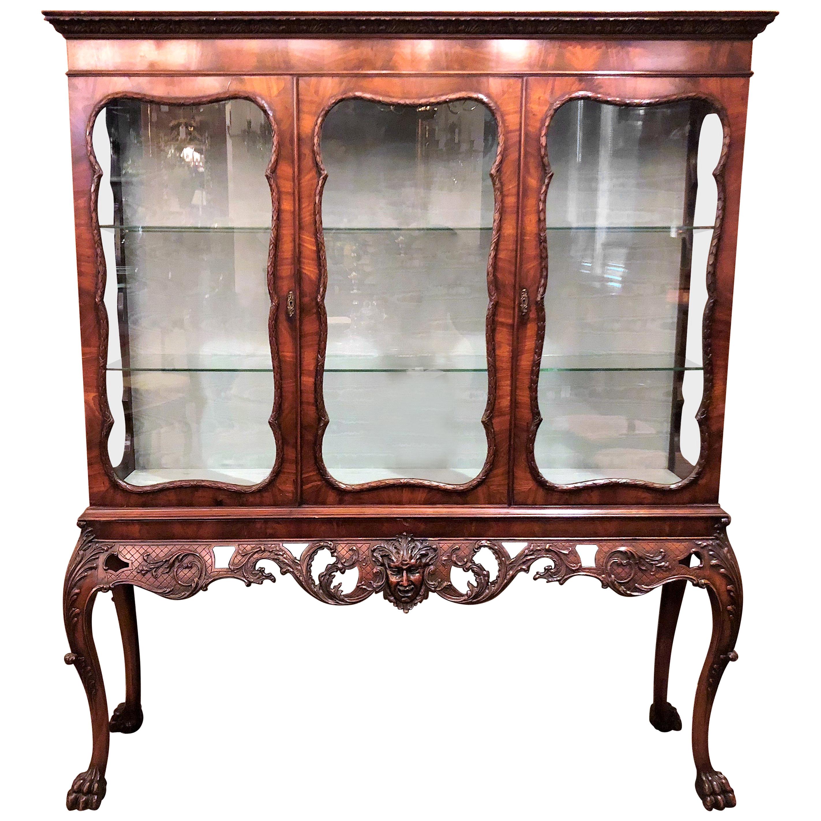 Antique Irish Chippendale Carved Walnut Display Cabinet, circa 1880 For Sale