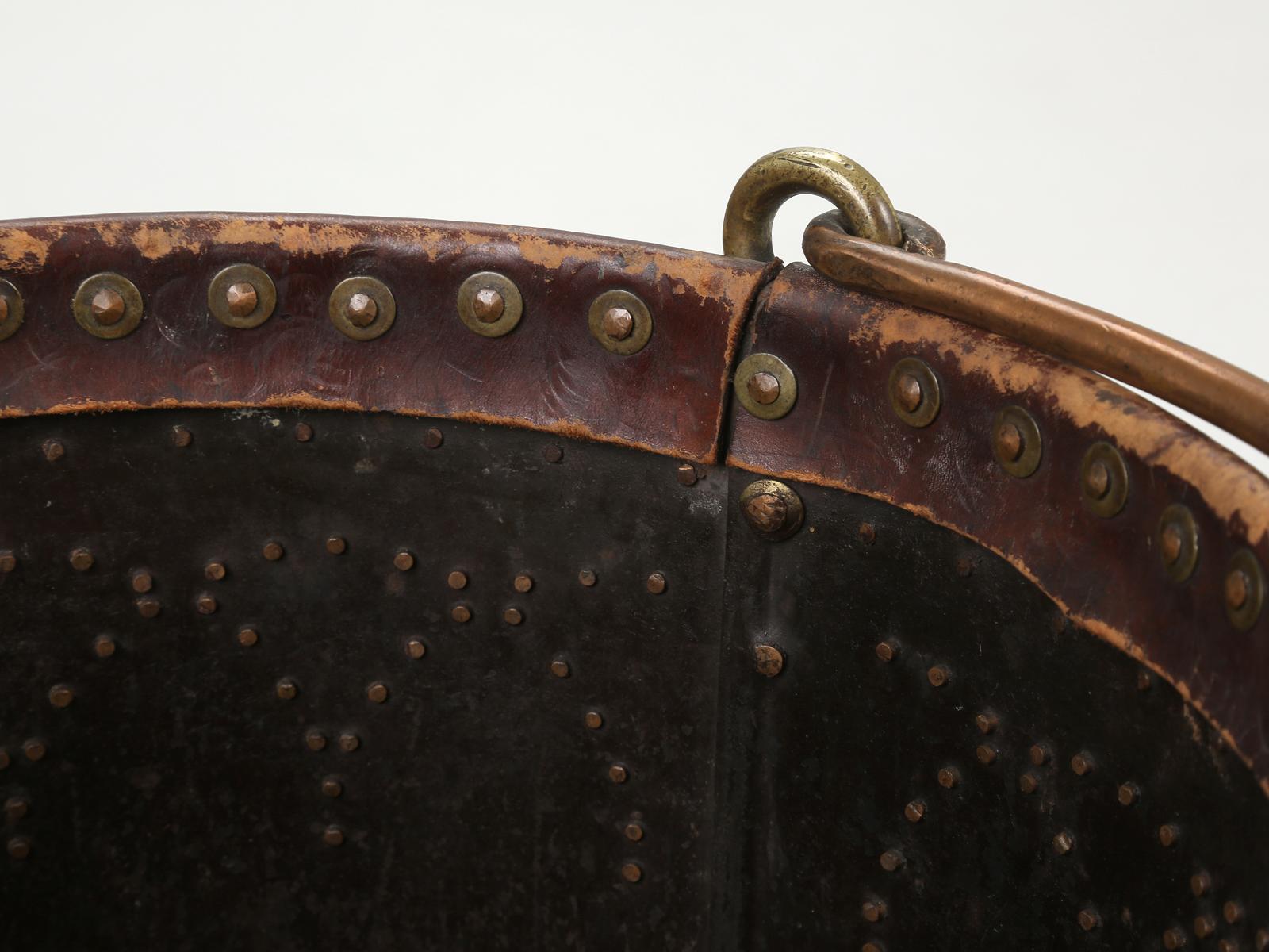 Antique Irish Coal Bucket Hand-Made Covered in Leather with Brass Nail Decor For Sale 8