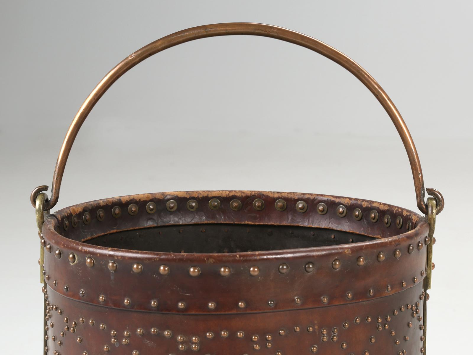 Antique Irish Coal Bucket Hand-Made Covered in Leather with Brass Nail Decor For Sale 9