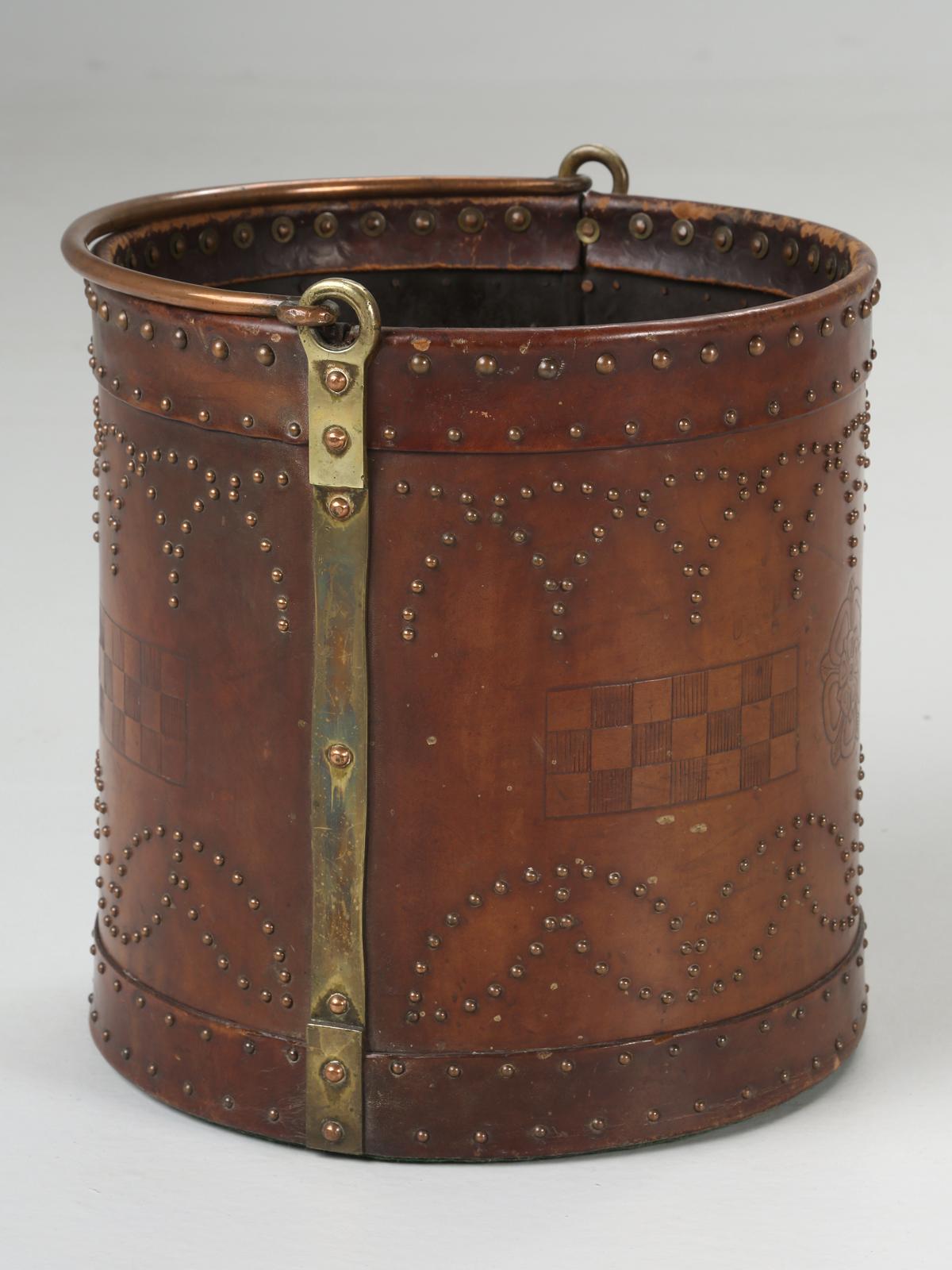 Arts and Crafts Antique Irish Coal Bucket Hand-Made Covered in Leather with Brass Nail Decor For Sale