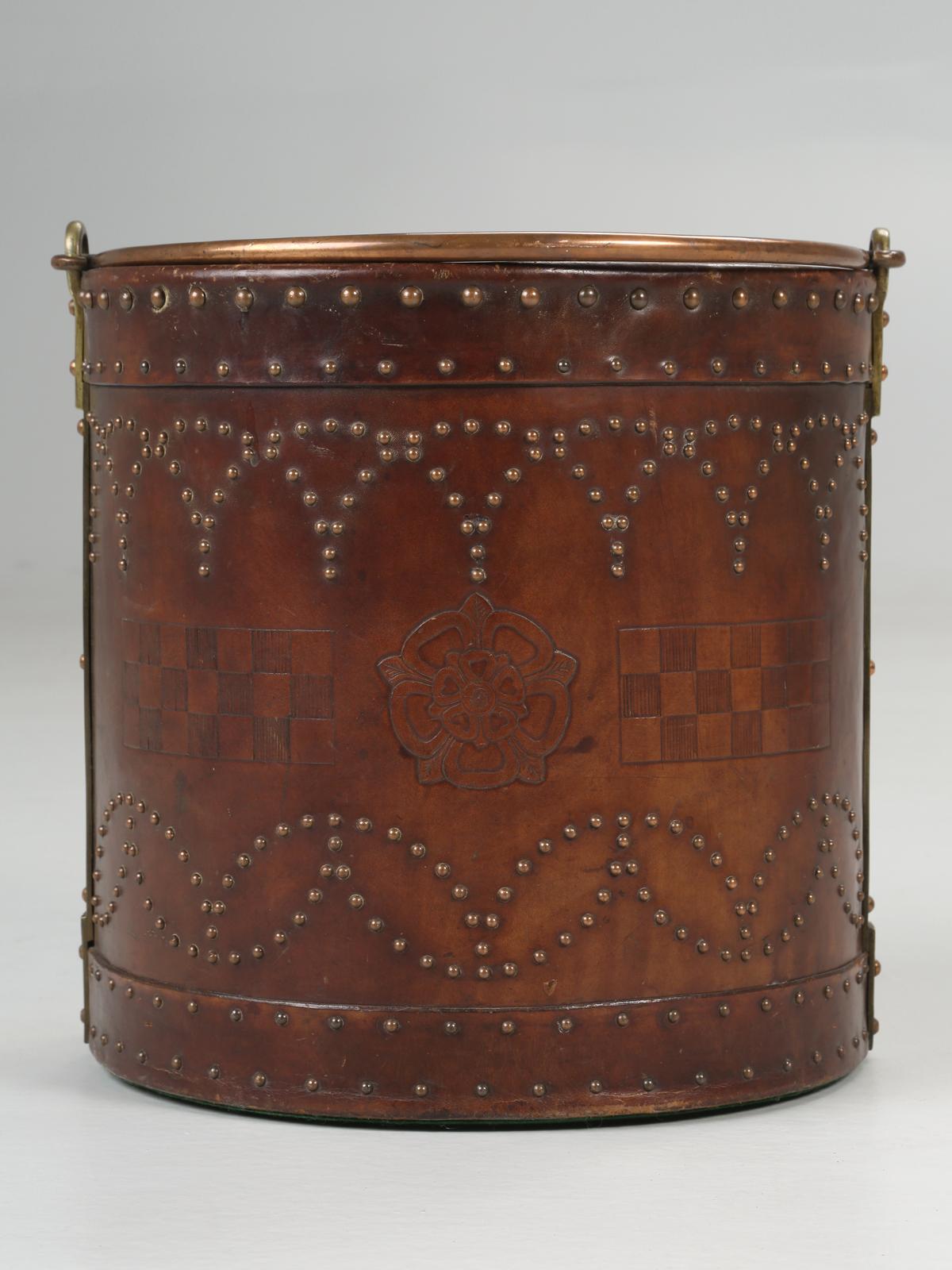 Hand-Crafted Antique Irish Coal Bucket Hand-Made Covered in Leather with Brass Nail Decor For Sale