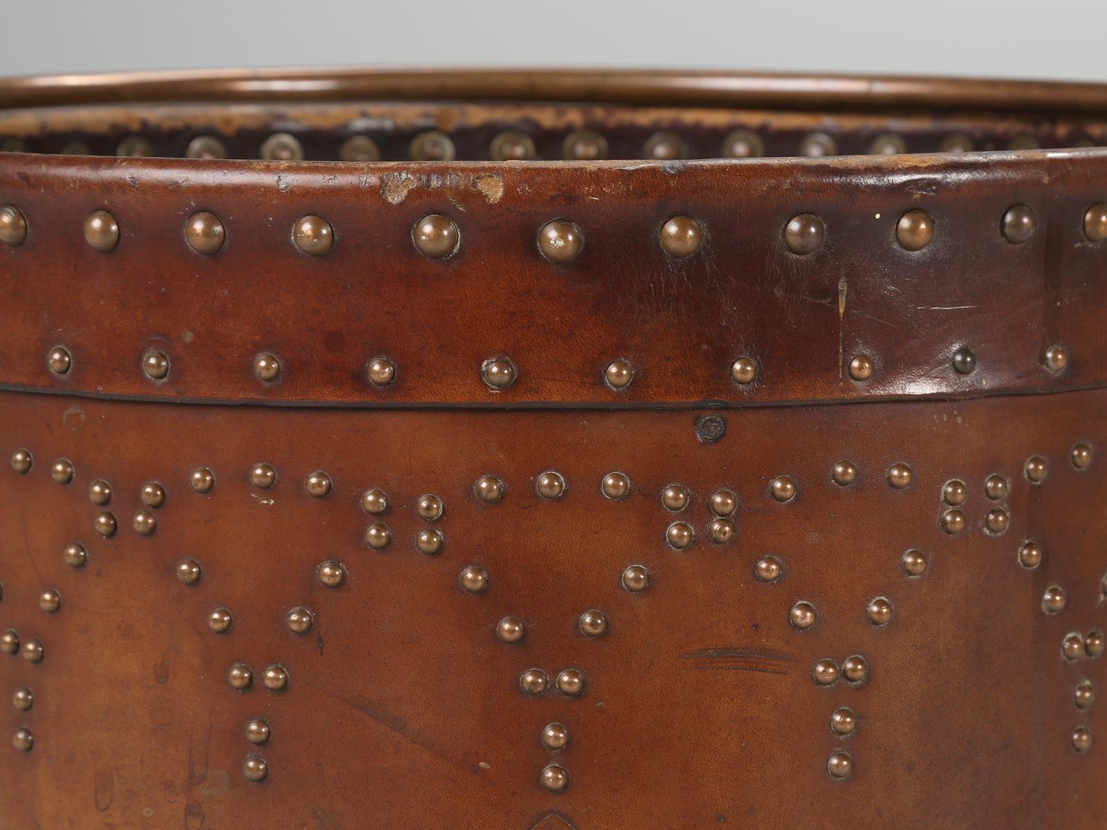 Antique Irish Coal Bucket Hand-Made Covered in Leather with Brass Nail Decor For Sale 2