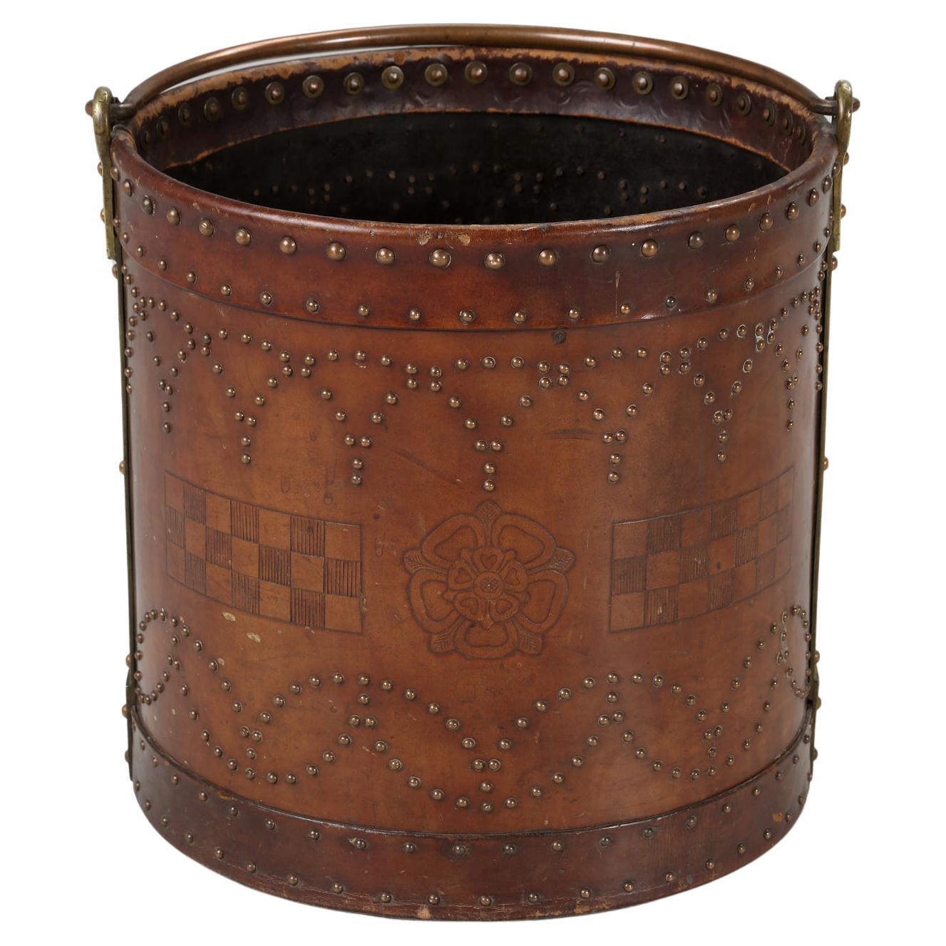 Antique Irish Coal Bucket Hand-Made Covered in Leather with Brass Nail Decor For Sale