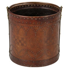 Antique Irish Coal Bucket Hand-Made Covered in Leather with Brass Nail Decor