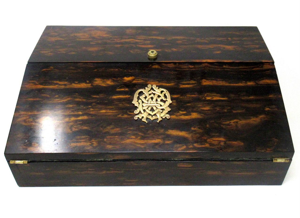 Victorian Antique Irish Coromandel Satinwood Writing Slope Box by Austins Dublin Ireland For Sale