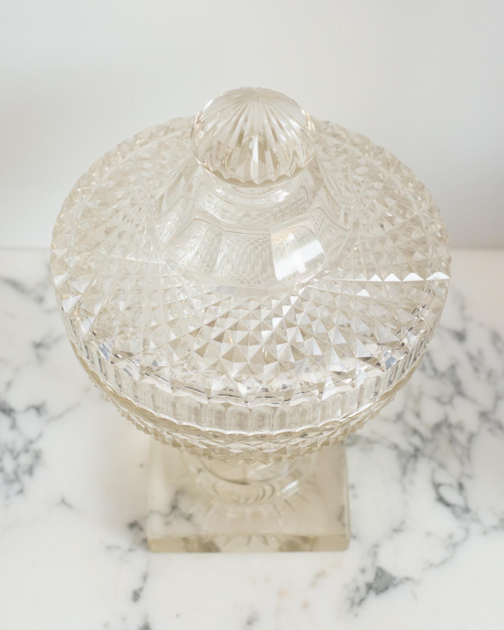 20th Century Antique Irish Diamond Cut Clear Crystal Bowl with Lid For Sale